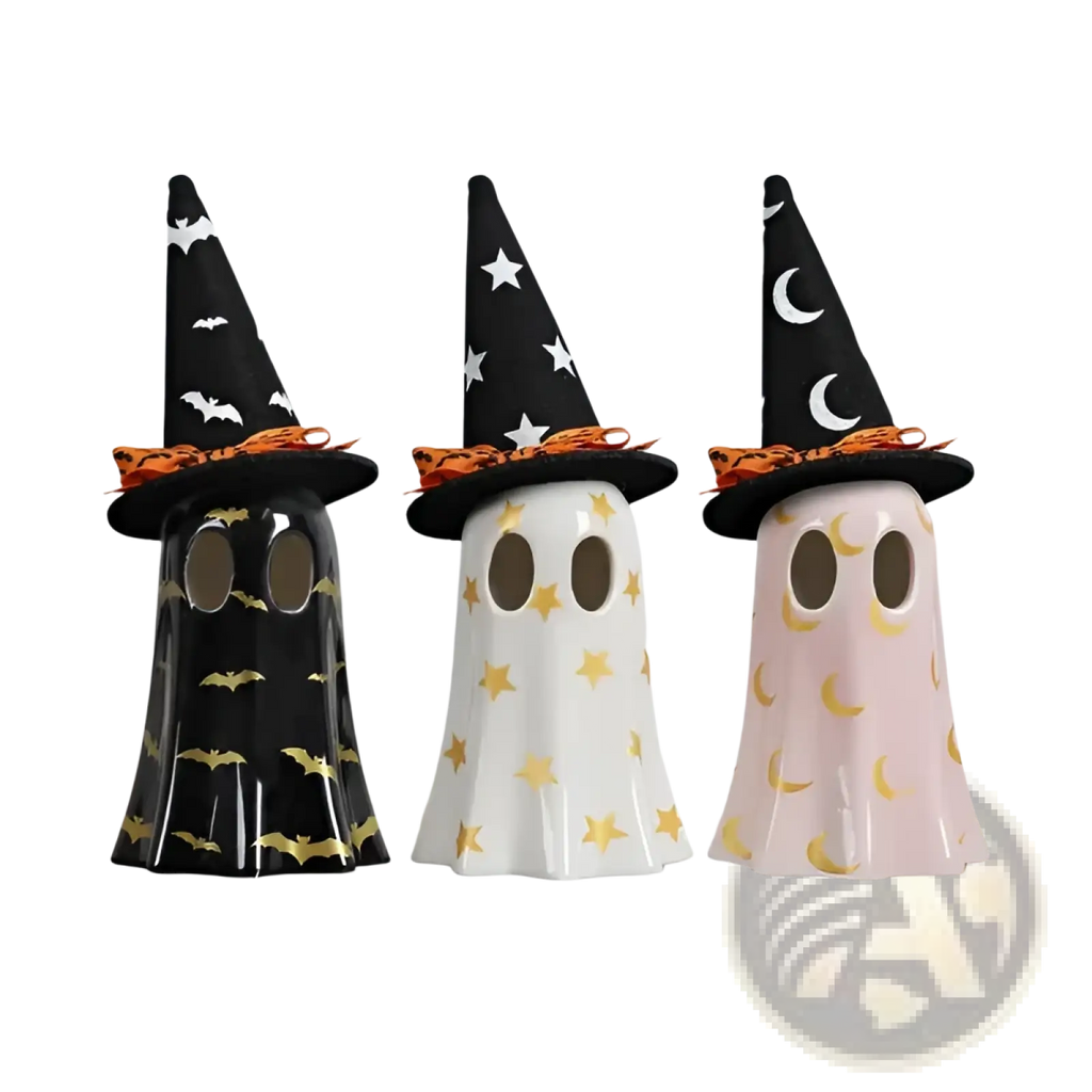 Ceramic ghost halloween decor set of 3 white figurines wearing black witch hats with bats stars moons and orange ribbons