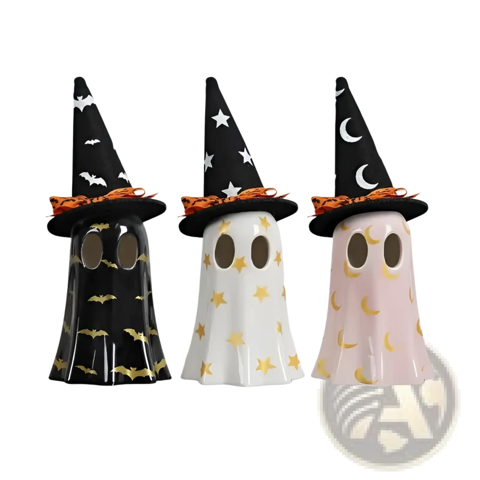 Ceramic ghost halloween decor set of 3 white figurines wearing black witch hats with bats stars moons and orange ribbons