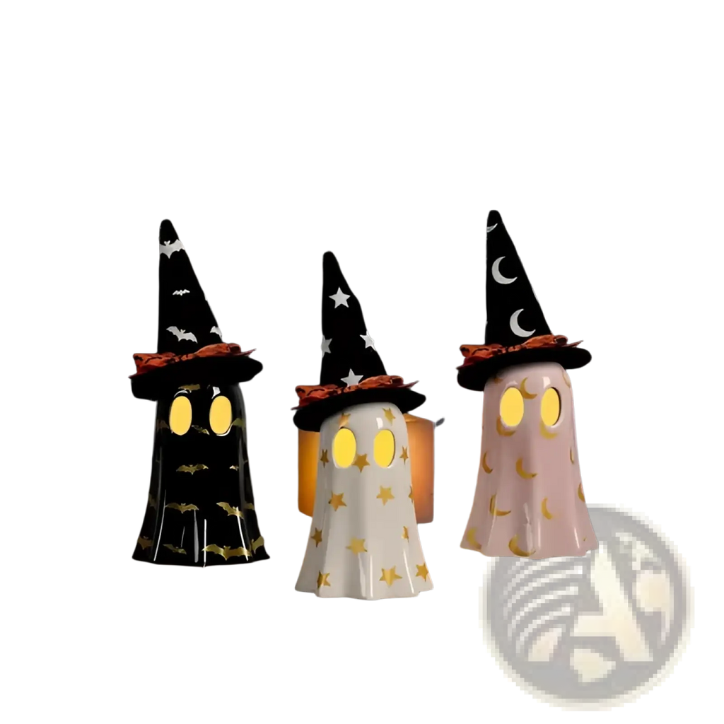 Ceramic ghost halloween decor set of 3 with black witch hats featuring gold stars moons and bat accents