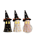 Ceramic ghost halloween decor set of 3 with glowing yellow eyes and black witch hats decorated with bats stars and moons