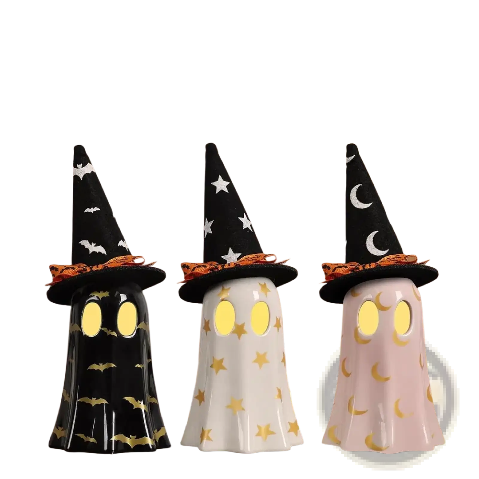 Ceramic ghost halloween decor set of 3 with glowing yellow eyes and black witch hats decorated with bats stars and moons