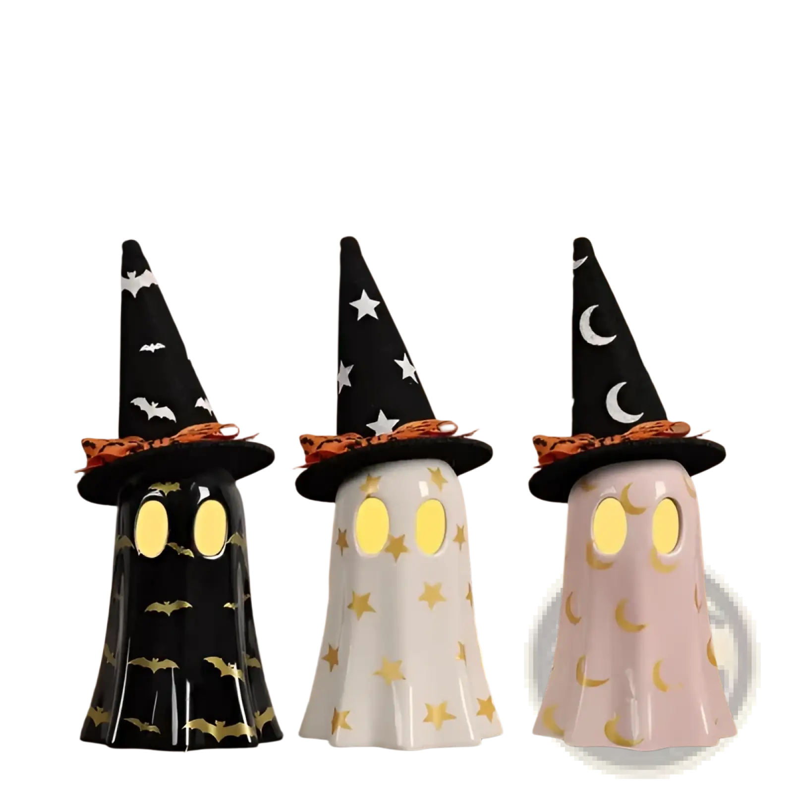 Three ceramic ghost figurines in white with black witch hats decorated with stars moons and gold accents for Halloween decor