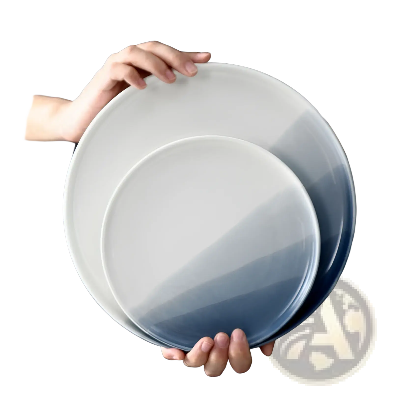 Set of two ceramic gradient blue steak plates with a smooth finish transitioning from white to deep blue