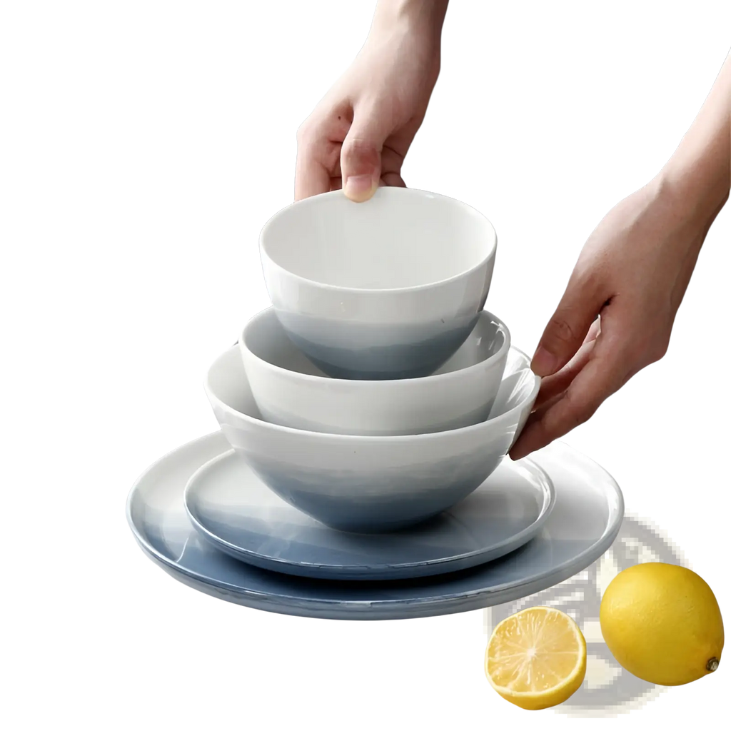 Set of gradient blue and white ceramic steak plates and bowls with smooth glossy finish for elegant dining
