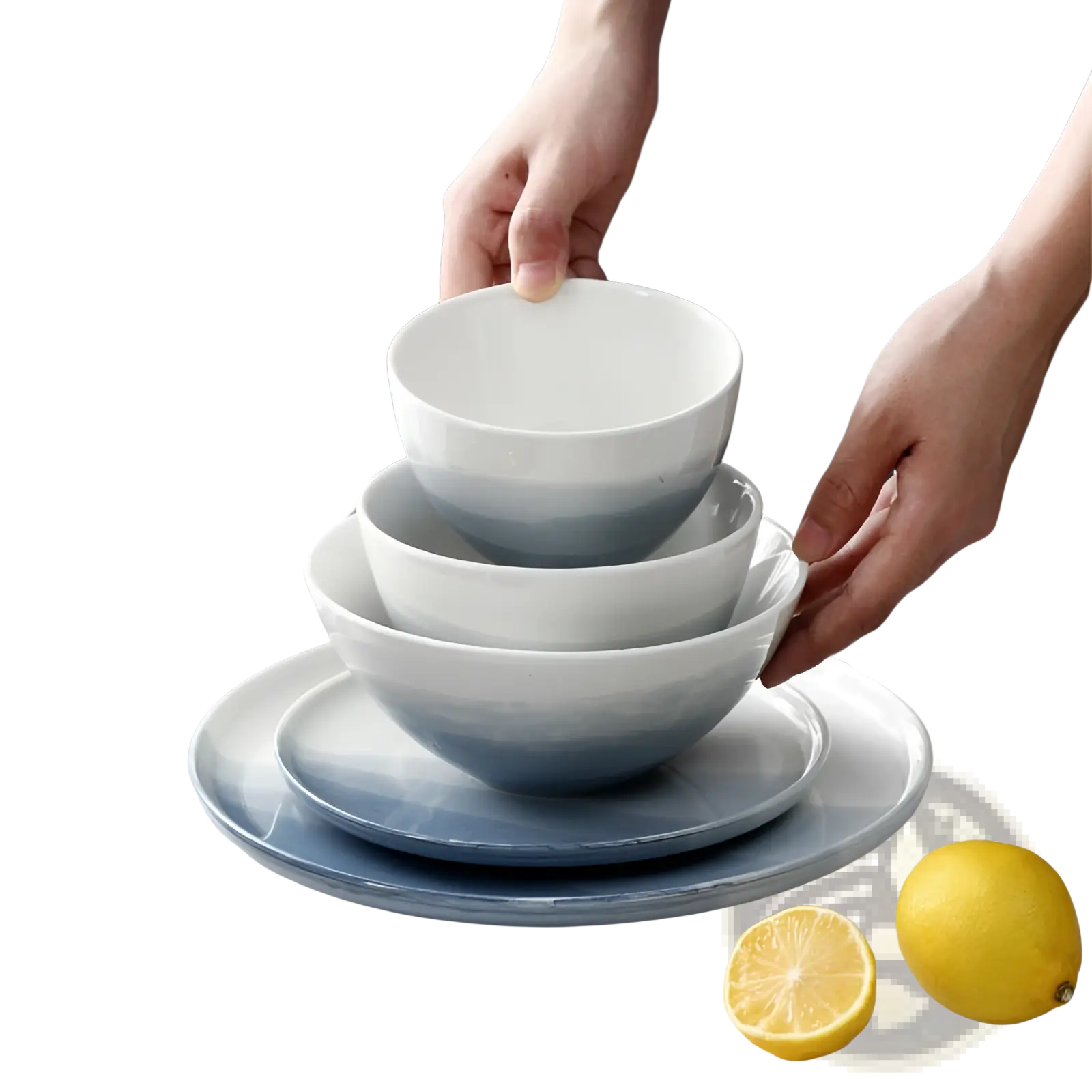 Set of gradient blue and white ceramic steak plates and bowls with smooth glossy finish for elegant dining