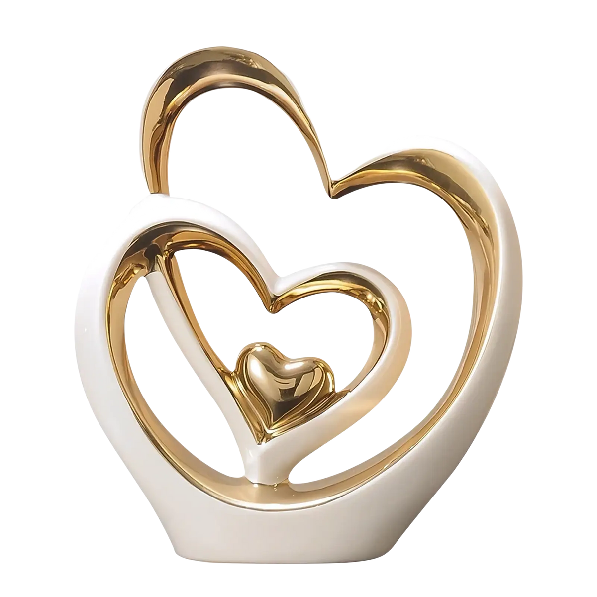 Elegant ceramic heart sculpture featuring three interlocking glossy white and metallic gold hearts for luxury decor