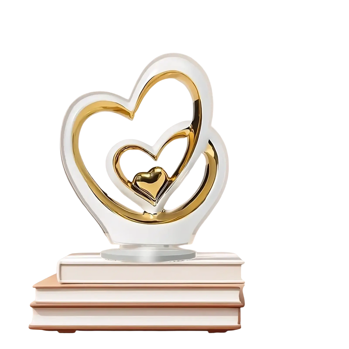 A sleek modern heart-shaped ceramic sculpture with nested gold and clear acrylic layers for luxury decor