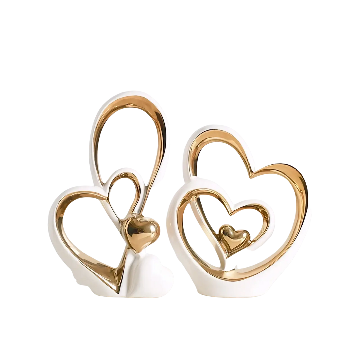 White ceramic heart sculpture with gold metallic heart outlines and smaller golden heart modern luxury decor