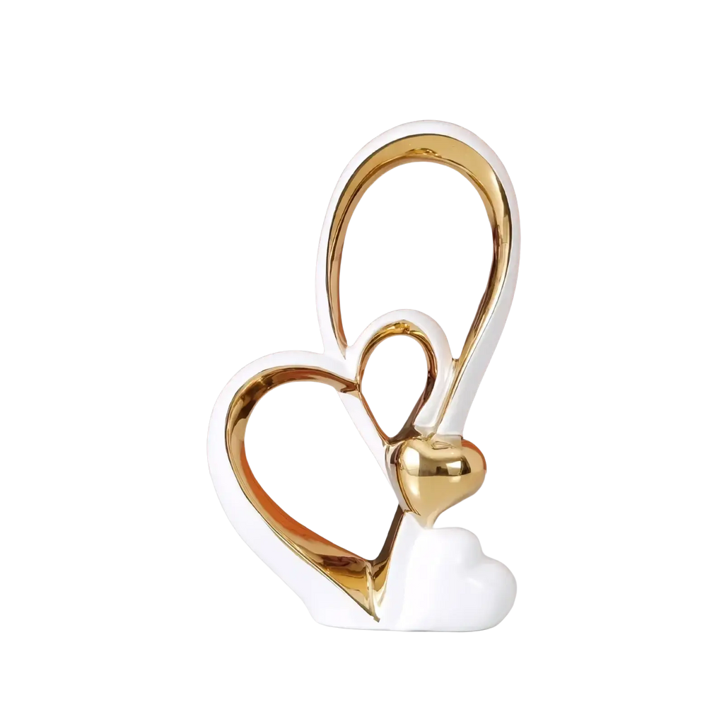 White and gold ceramic heart sculpture with glossy finish featuring two interlocking hearts for luxury decor