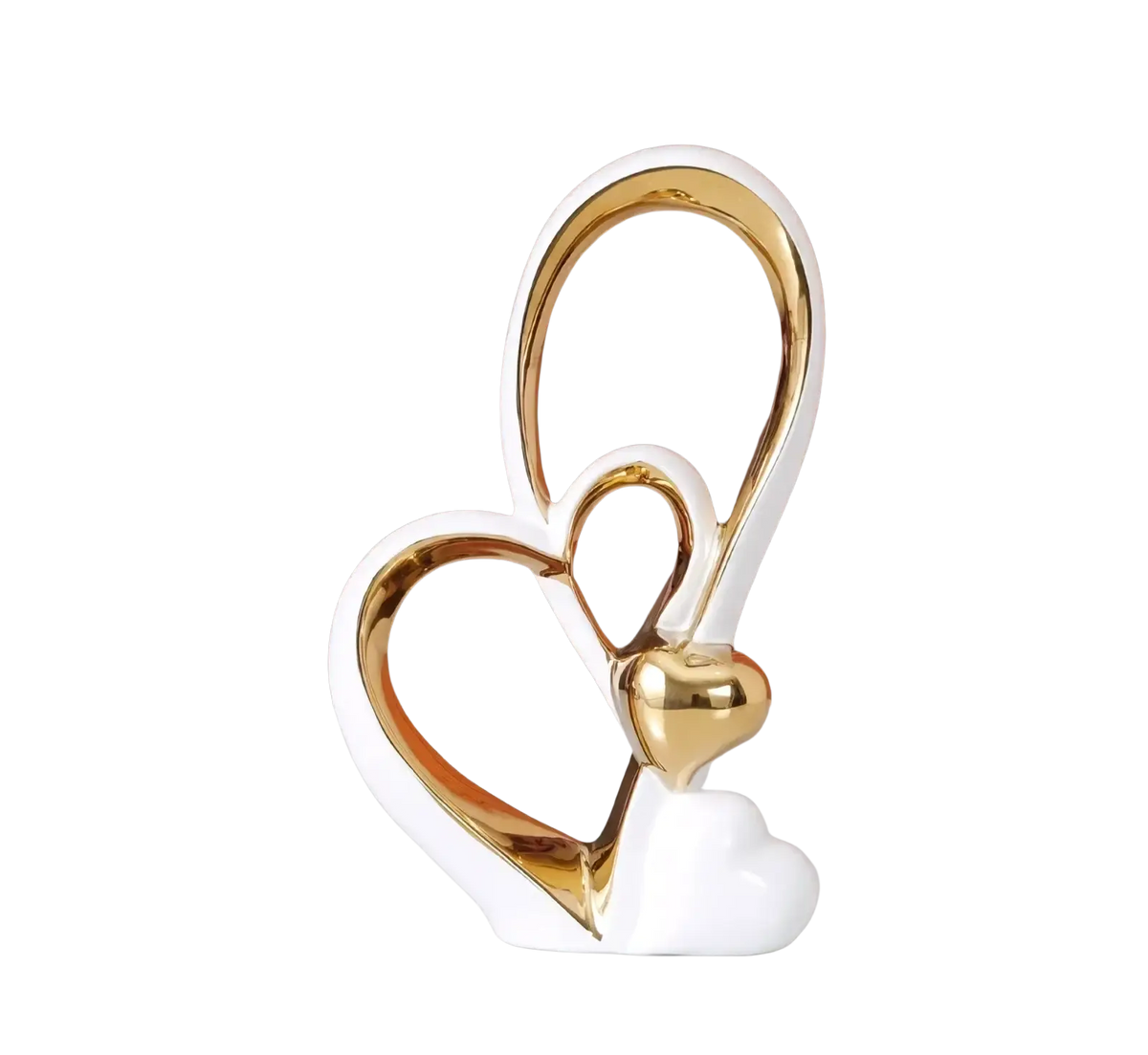 White and gold ceramic heart sculpture with interlocking design and glossy finish for modern minimalist luxury decor