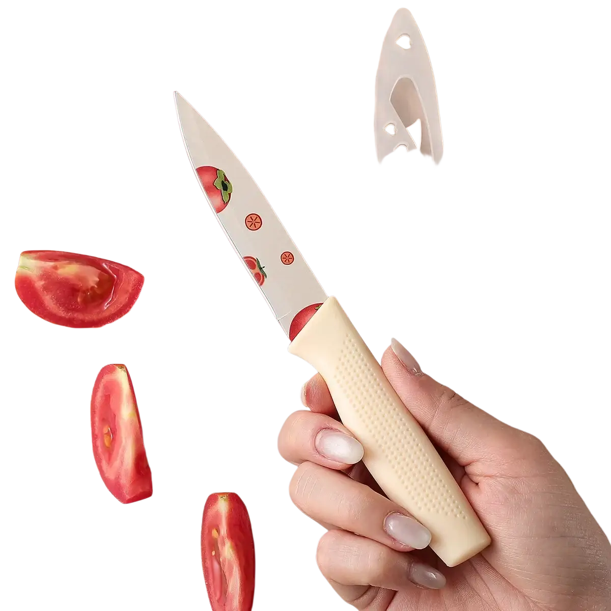 A ceramic kitchen knife with a cream textured handle and a blade featuring red tomato illustrations