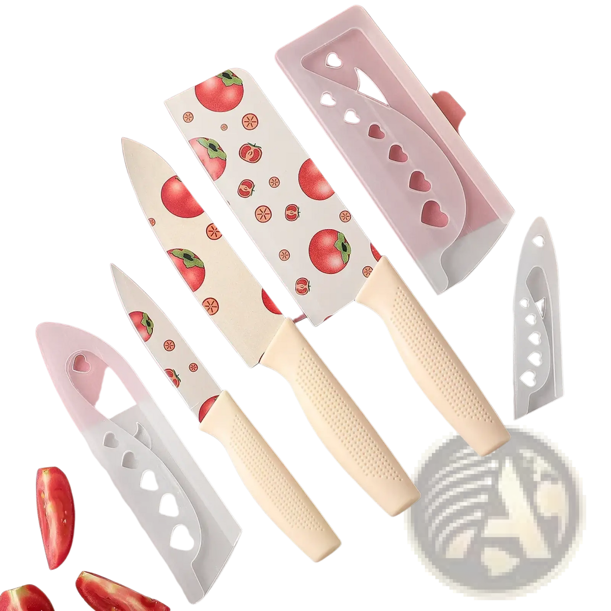 Set of four ceramic kitchen knives with tomato pattern blades and cream textured handles with heart sheaths