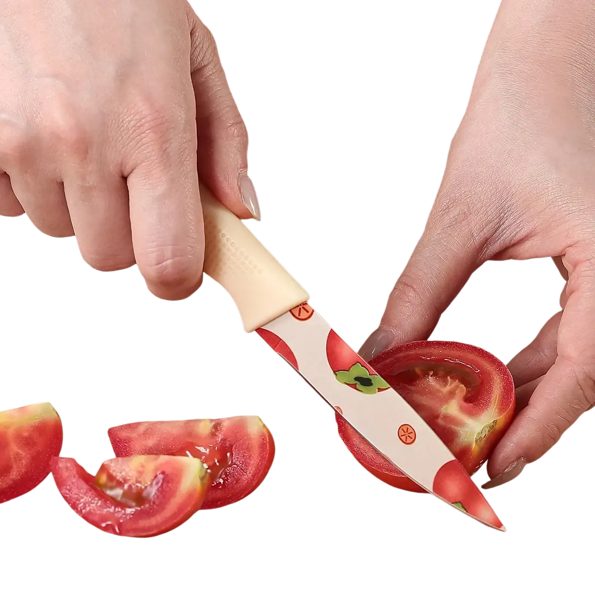 Beige-handled ceramic kitchen knife with white blade featuring red tomato and green leaf patterns for slicing