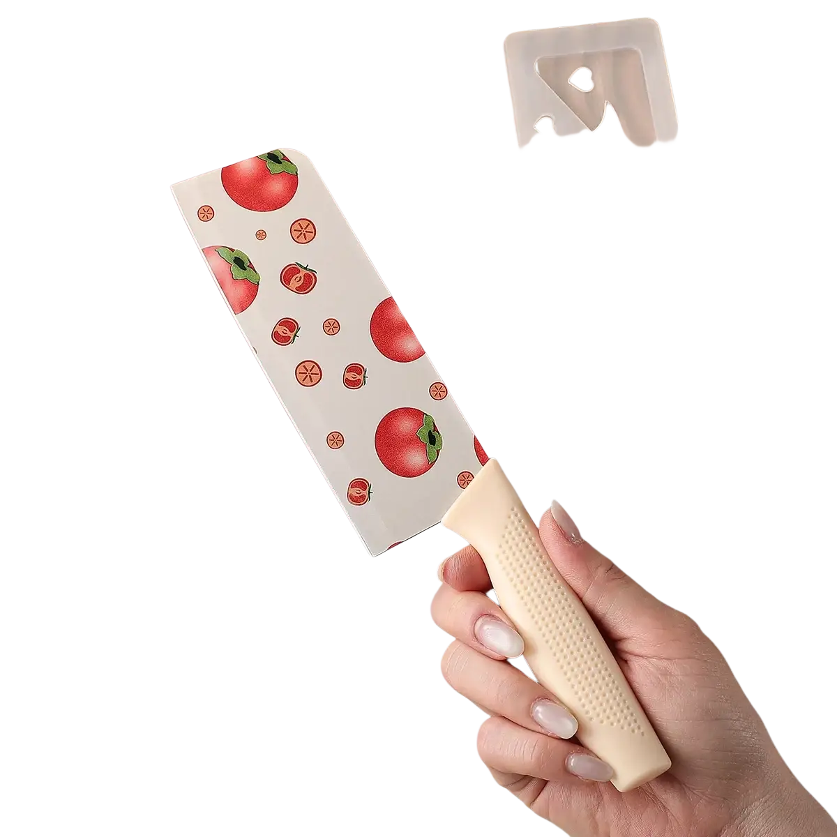 A beige silicone-coated ceramic kitchen knife with textured grip and white handle featuring red tomato illustrations