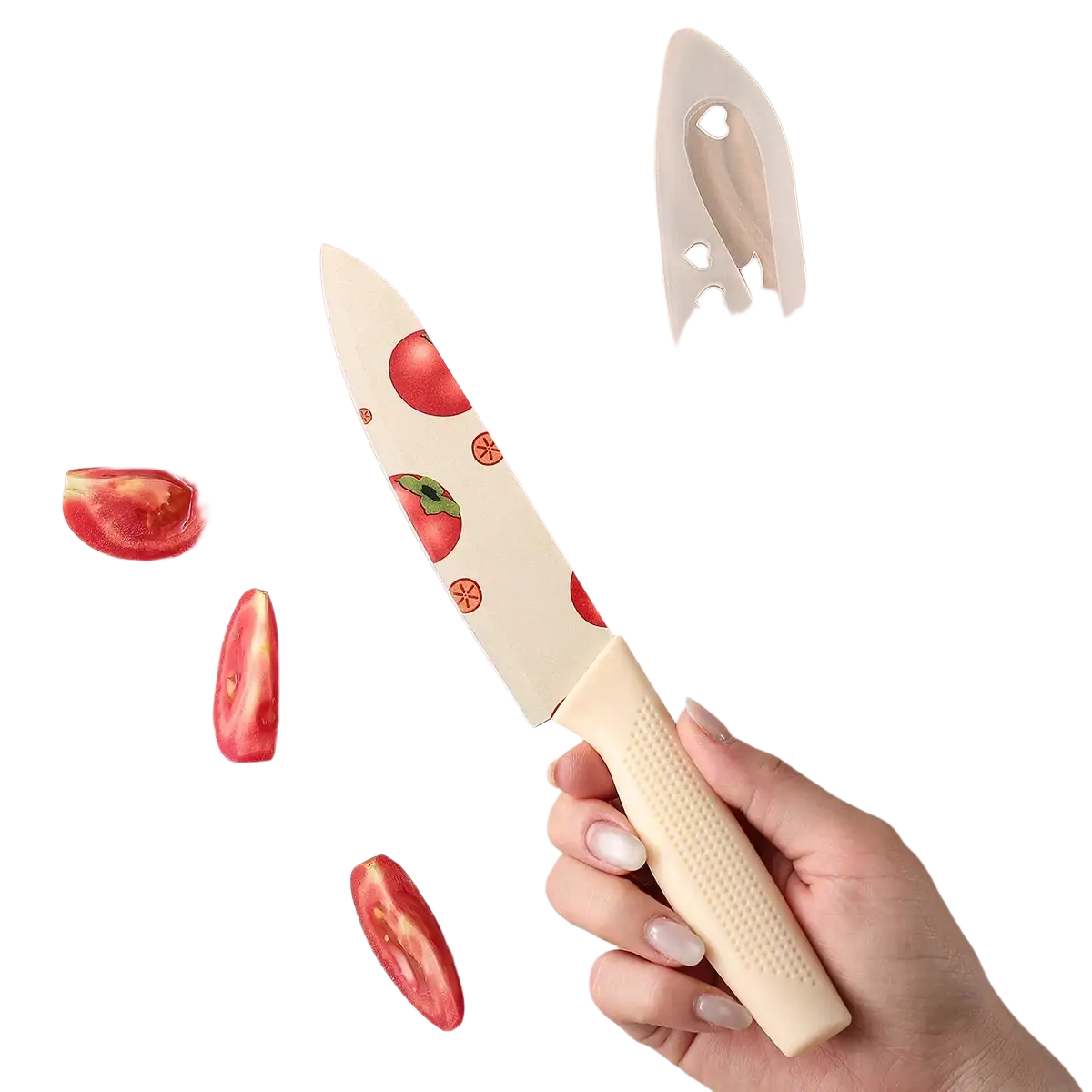 A cream-colored ceramic kitchen knife with a tomato-patterned blade and matching translucent plastic sheath