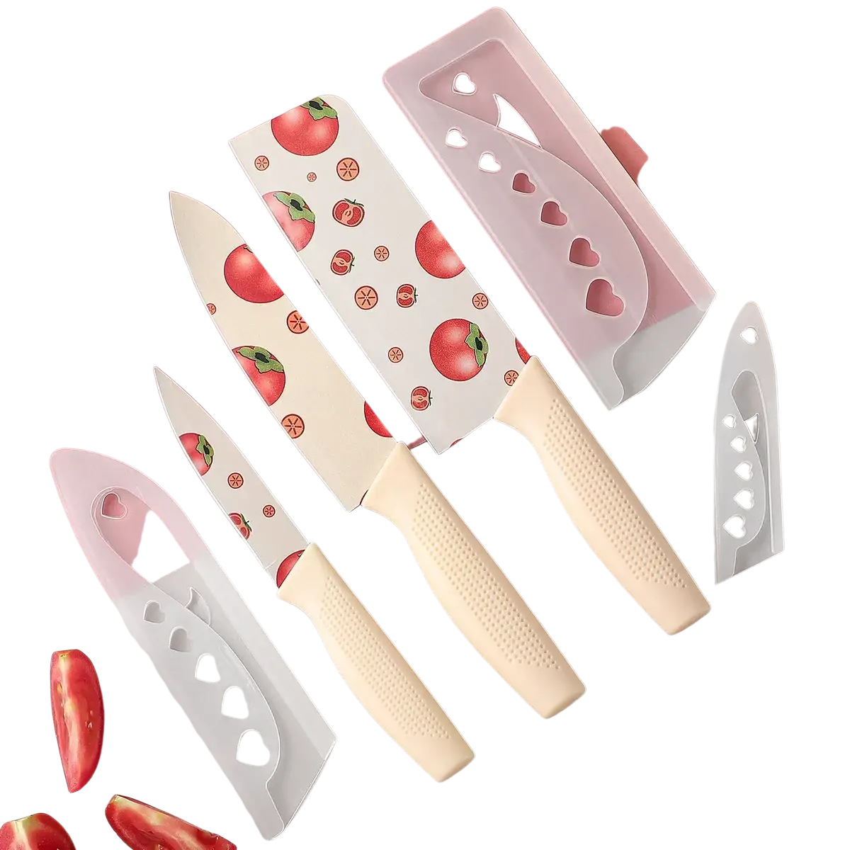 Set of four ceramic kitchen knives with tomato pattern blades and cream textured handles with heart sheaths