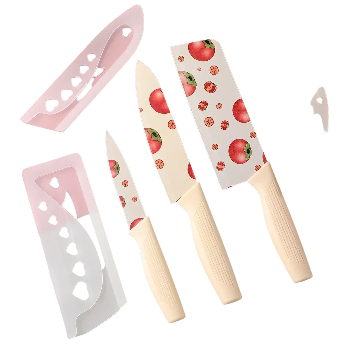 Set of three ceramic kitchen knives with tomato pattern blades and cream textured handles with white heart sheaths