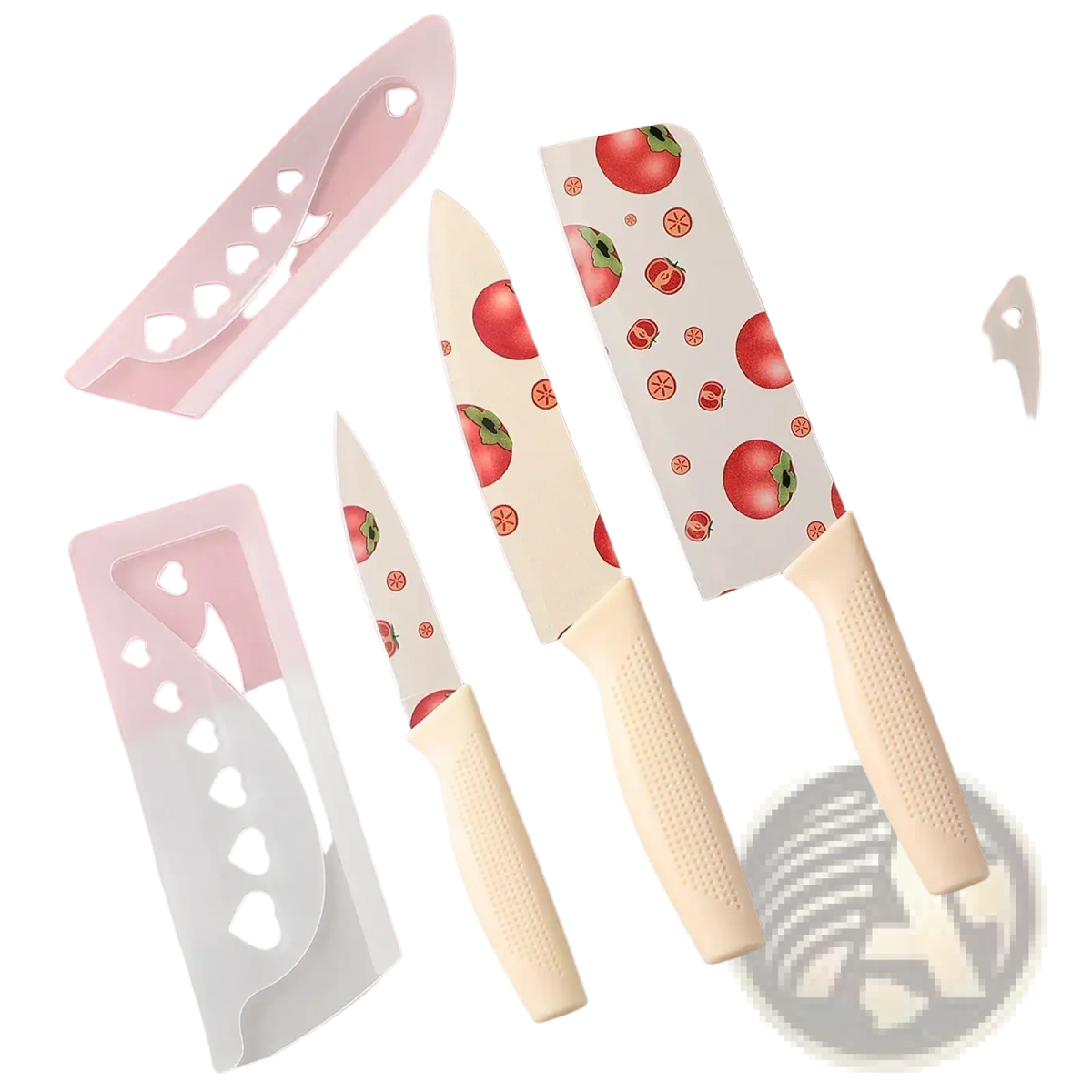 Set of three ceramic kitchen knives with tomato pattern blades and cream textured handles with white heart sheaths