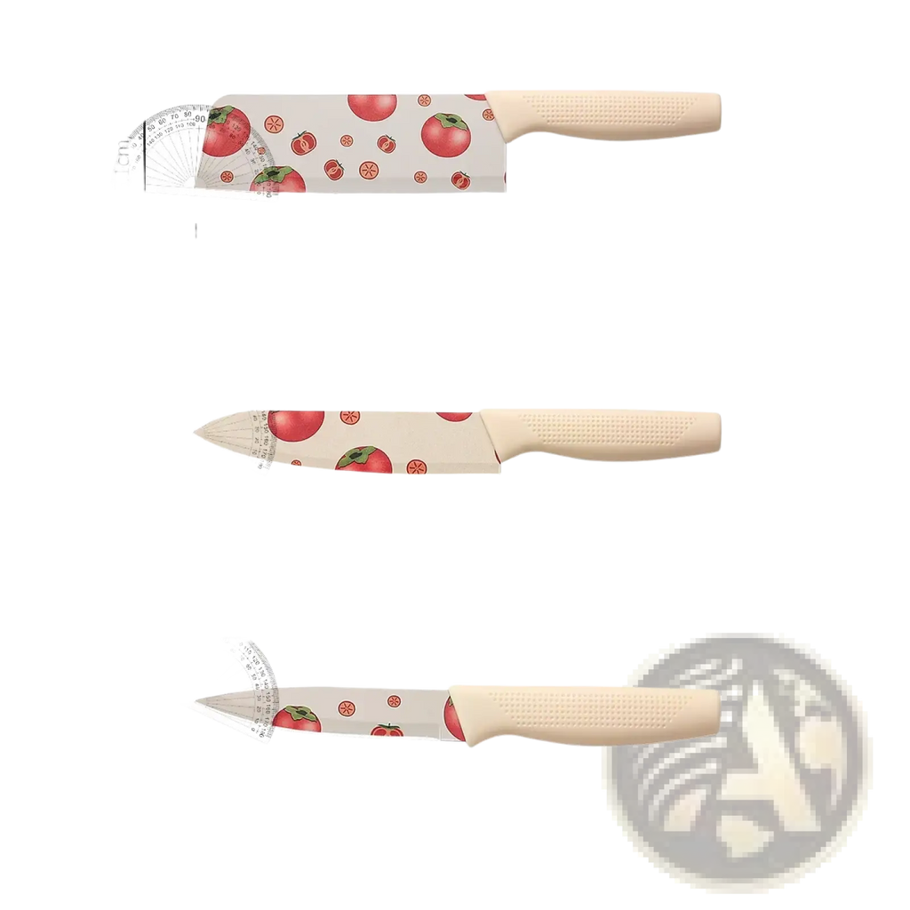 Set of three ceramic kitchen knives with beige handles and tomato-patterned blades for versatile food preparation