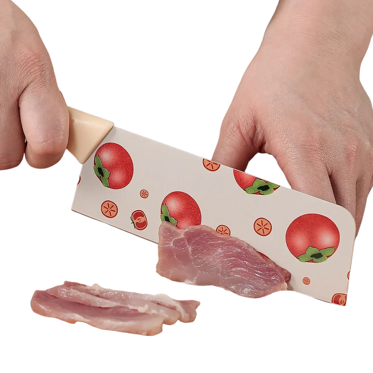Ceramic kitchen knife with a white blade featuring a tomato and orange slice pattern and a beige handle