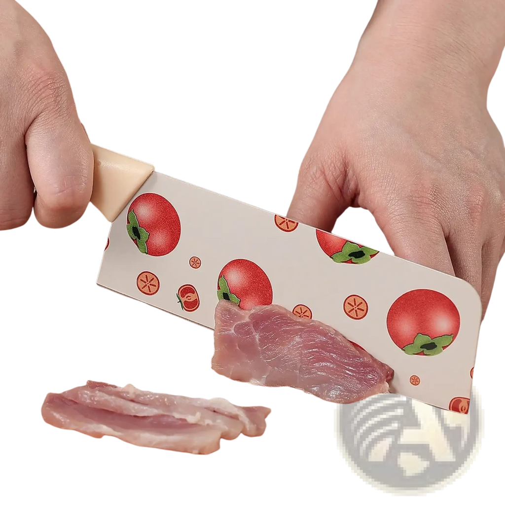 Ceramic kitchen knife with a white blade featuring a tomato and orange slice pattern and a beige handle