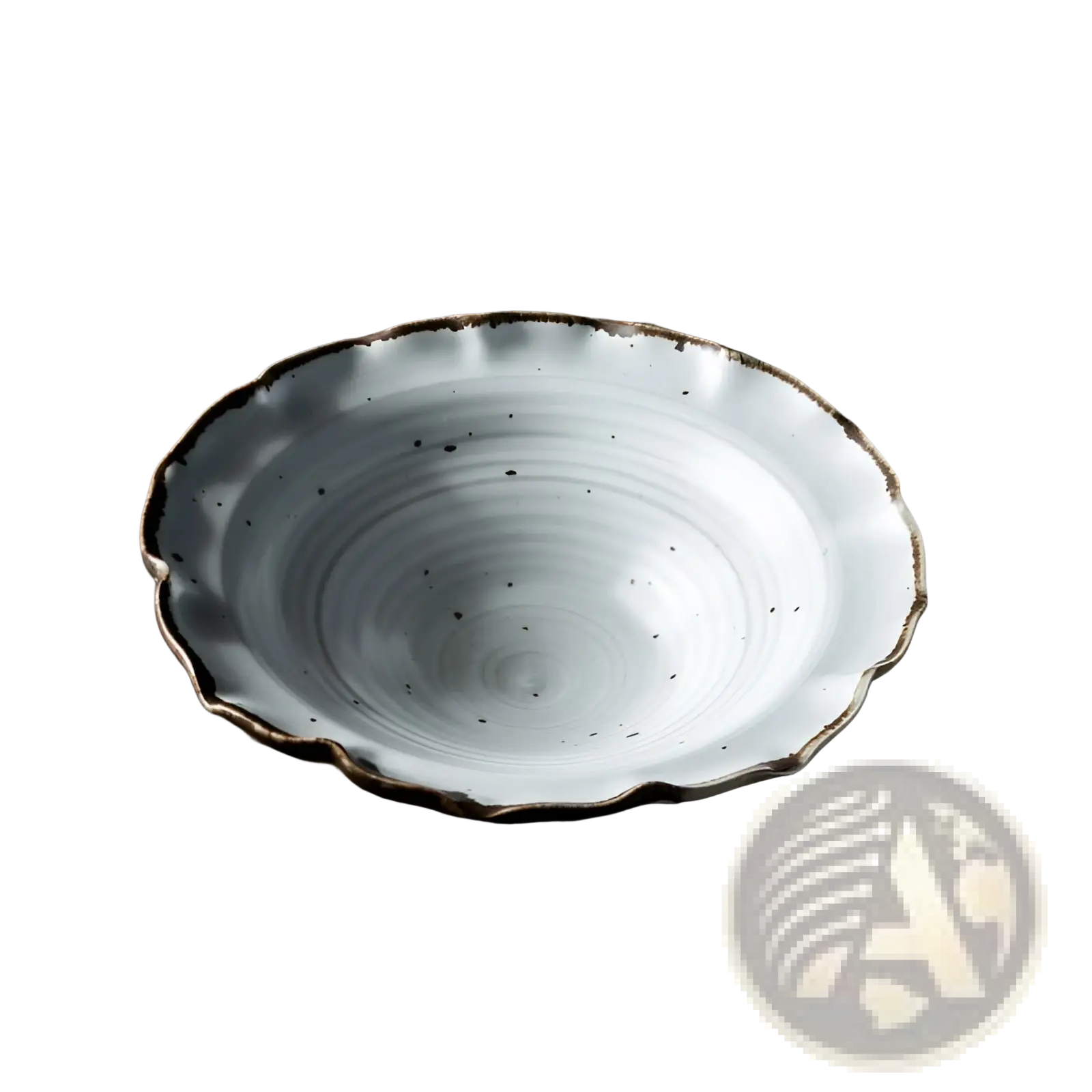 A white ceramic scalloped dim sum dish with subtle black speckles and concentric ridges inside
