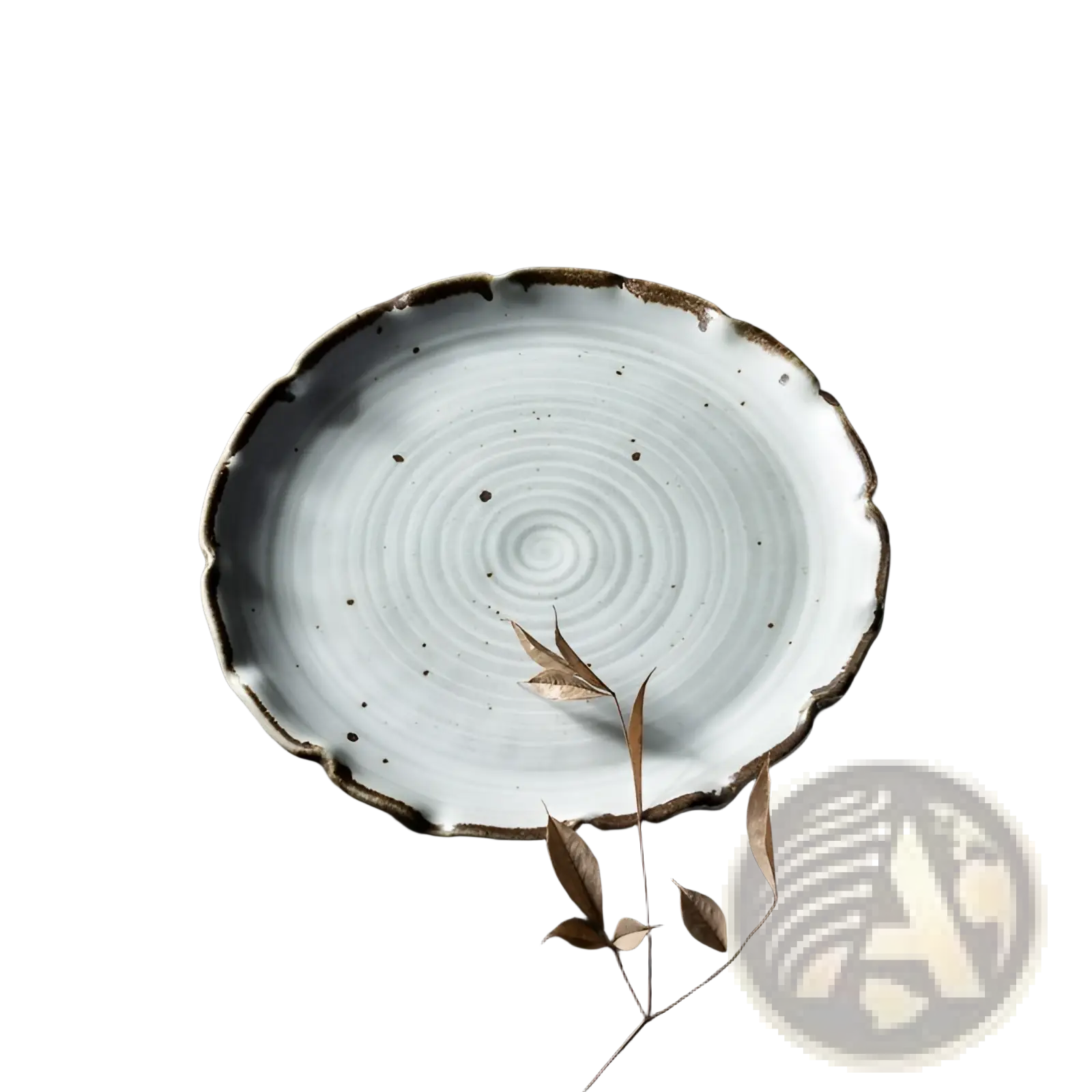 Ceramic lace fruit plate with light blue glaze, concentric ridges, and textured brown rustic rim for dim sum