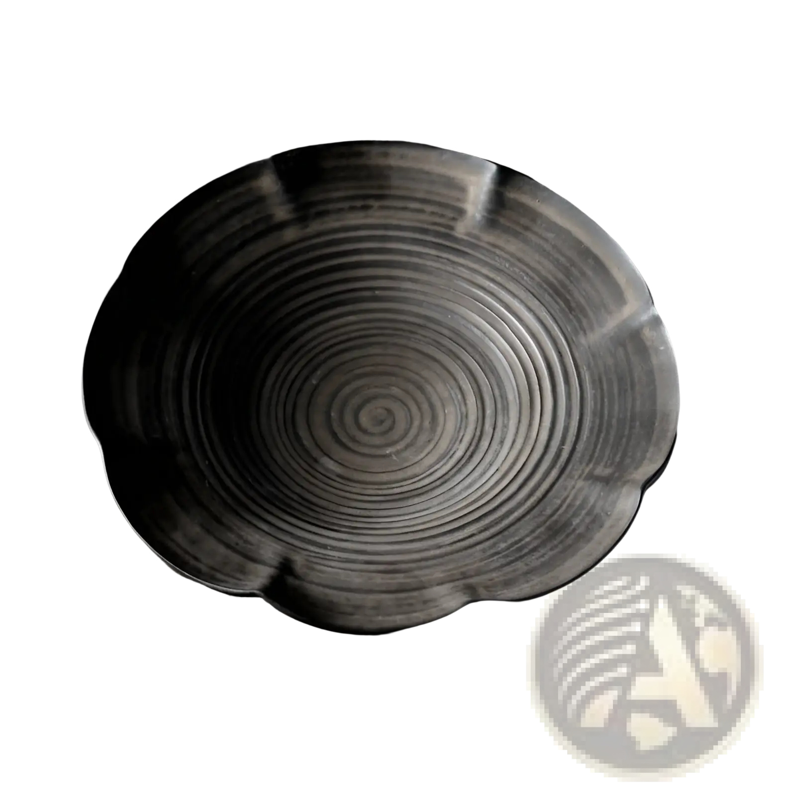 Dark gray ceramic lace fruit plate with scalloped edge and concentric circular ridges for dim sum serving