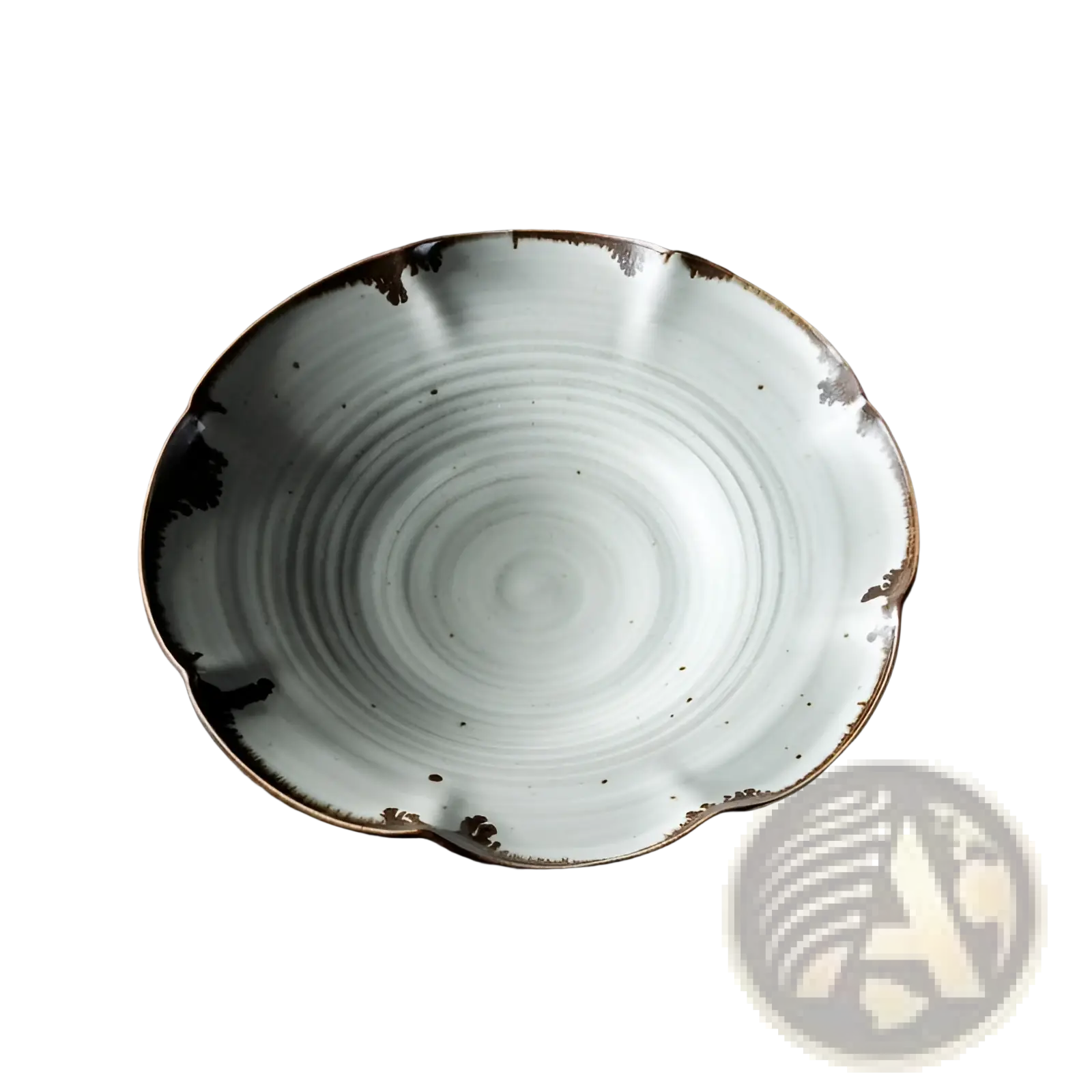 A ceramic lace fruit plate scalloped dim sum dish with light gray glaze and rustic chipped brown rim on wood