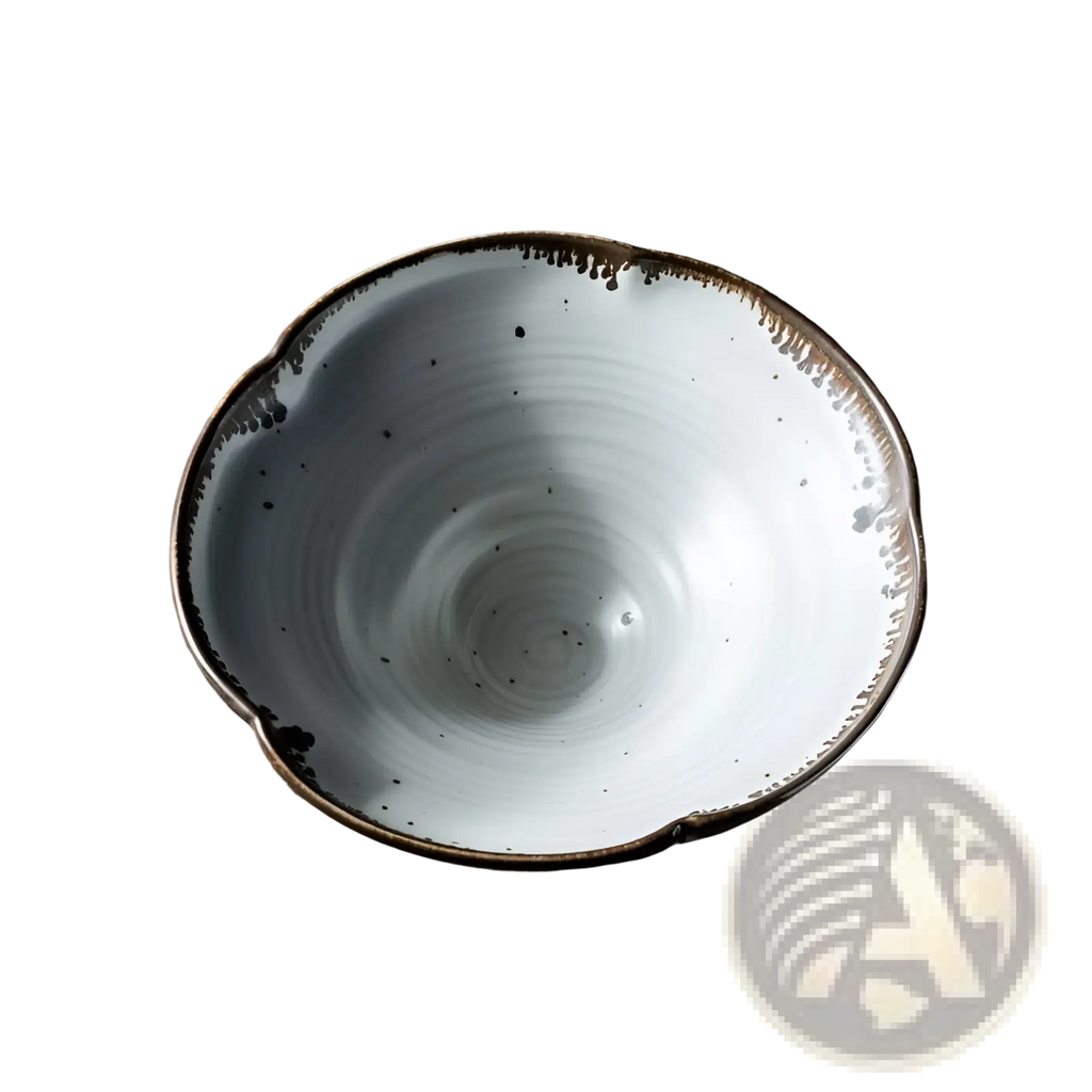 A white ceramic lace fruit plate with brown speckled rim and rustic handcrafted finish on weathered wood surface