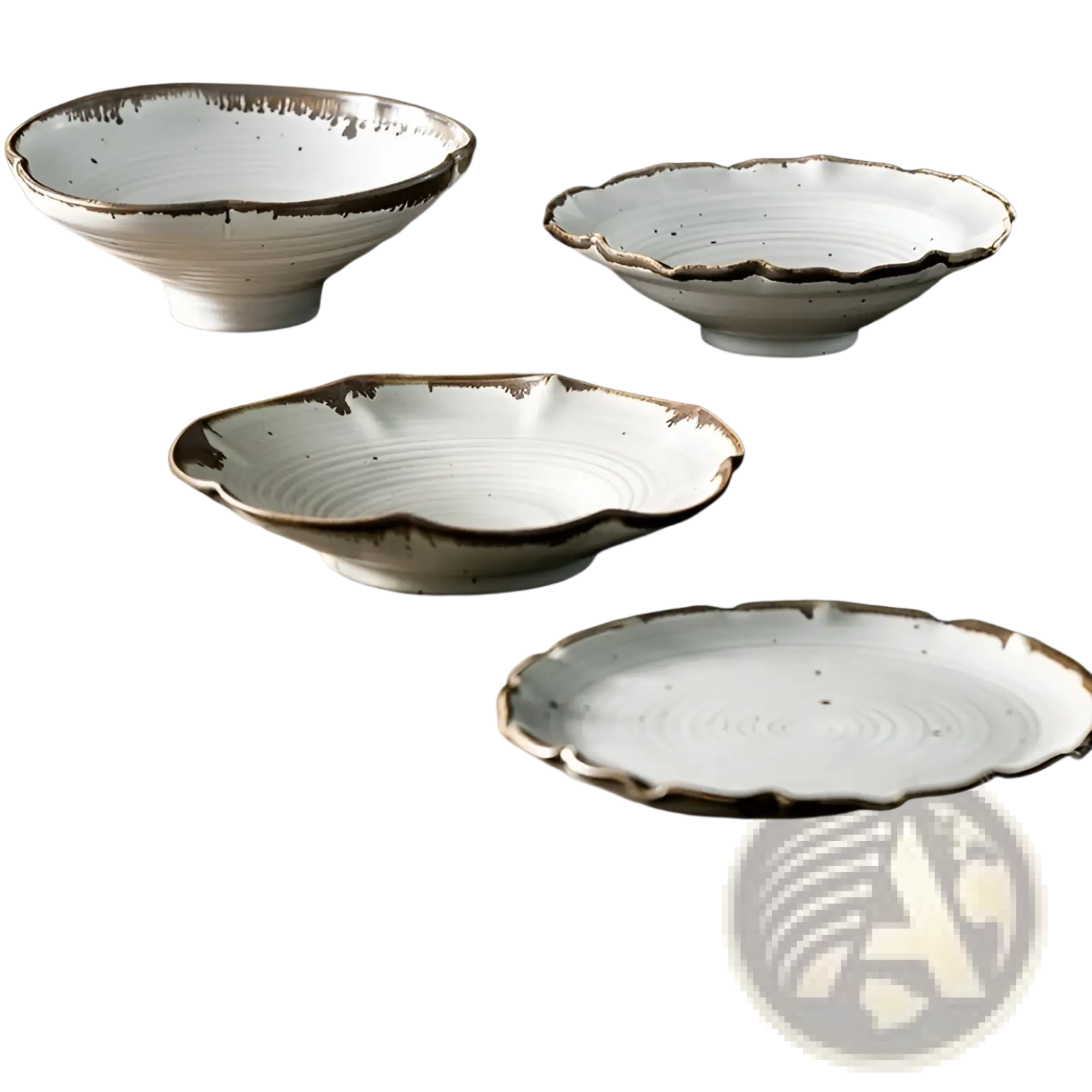 White ceramic scalloped dim sum bowls with lace edges and rustic brown glaze accents for serving fruit