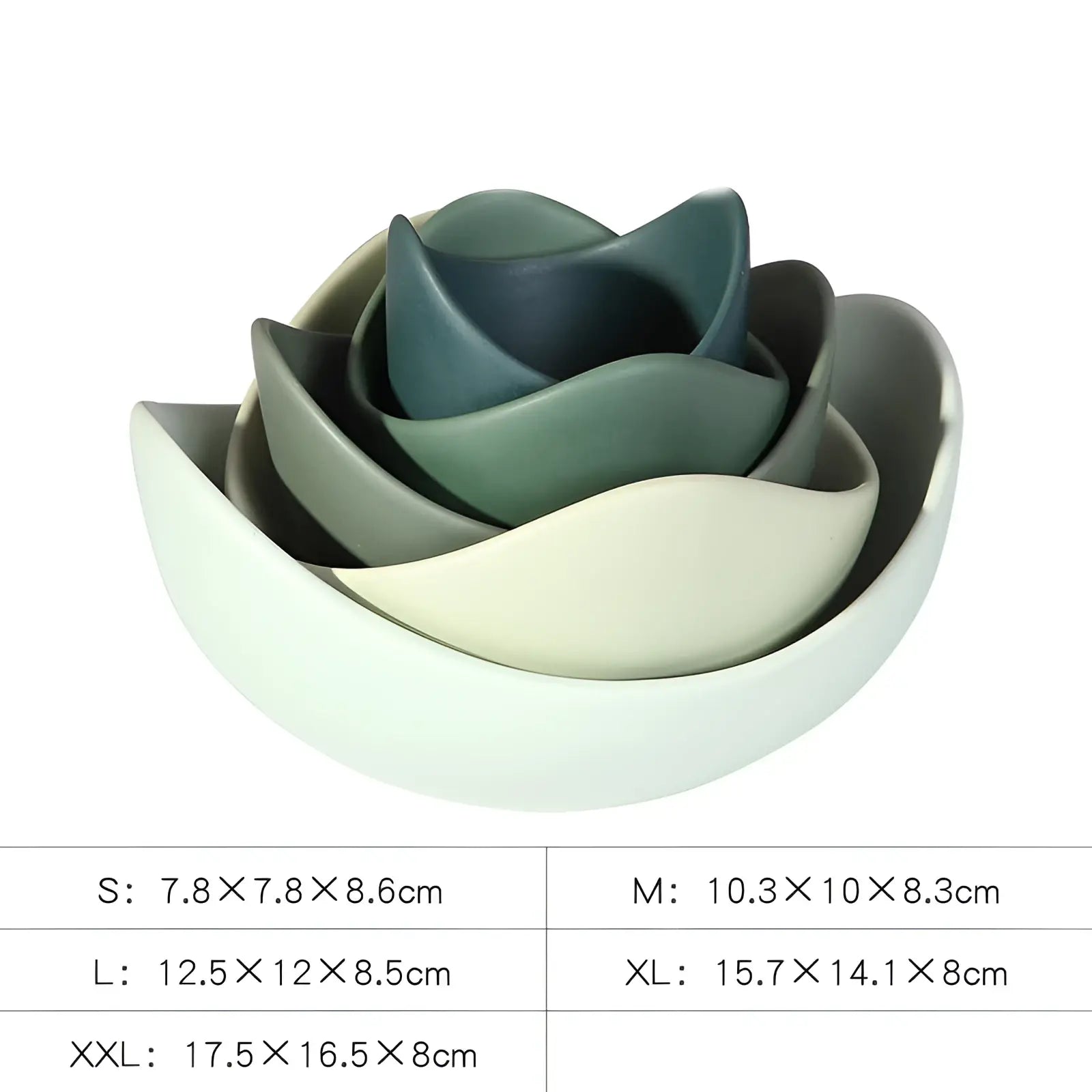 Set of five nested ceramic lotus bowls designed in a rose shape with gradient pastel pink to deep teal colors