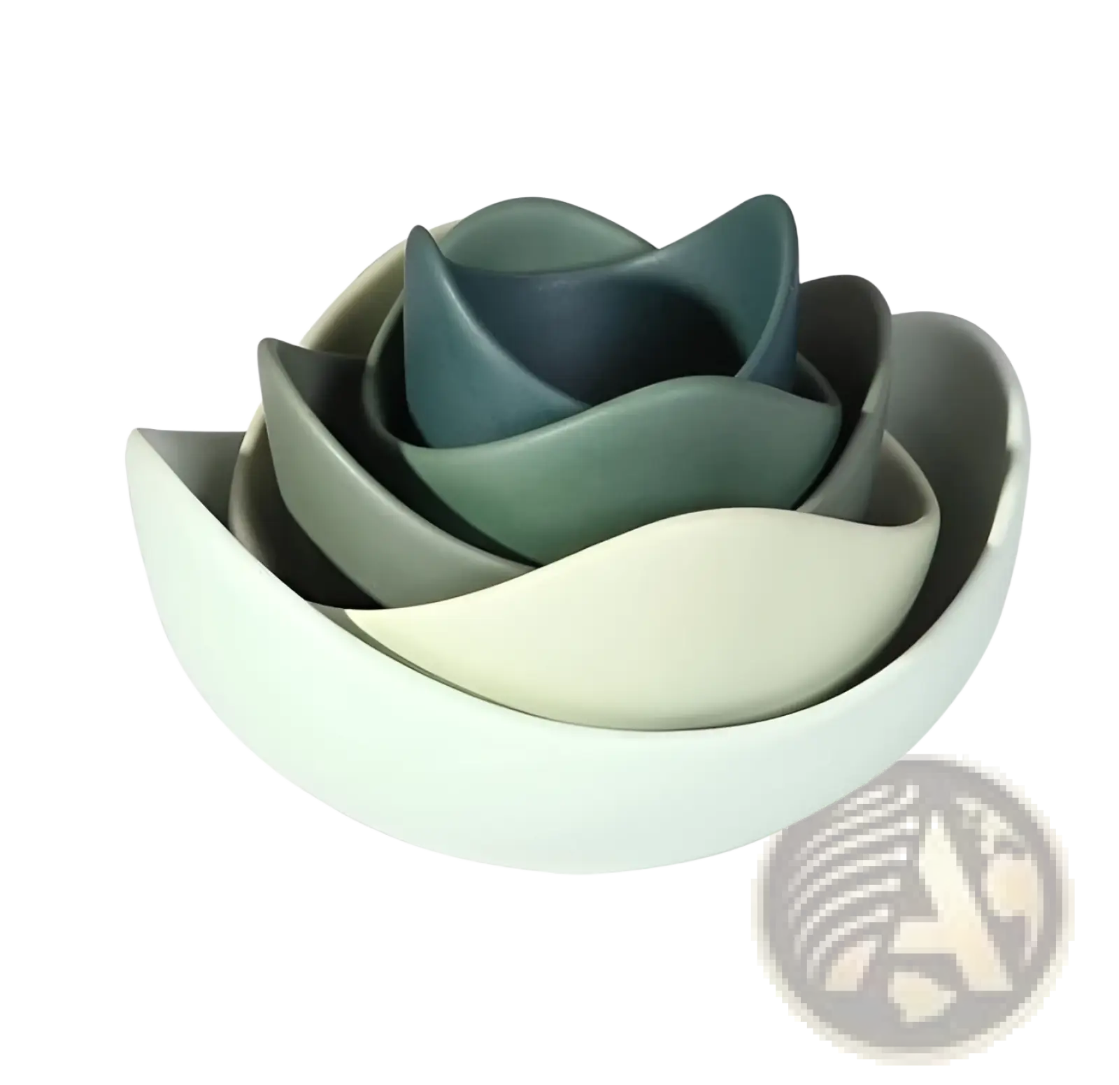 Set of five nested ceramic lotus bowls with matte finishes in white, gray, sage green, and navy blue arranged floral
