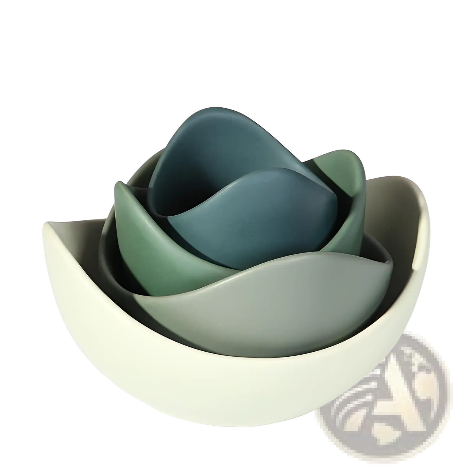 Set of nested ceramic lotus bowls in gradient green shades designed to resemble a blooming flower in pastel pink style