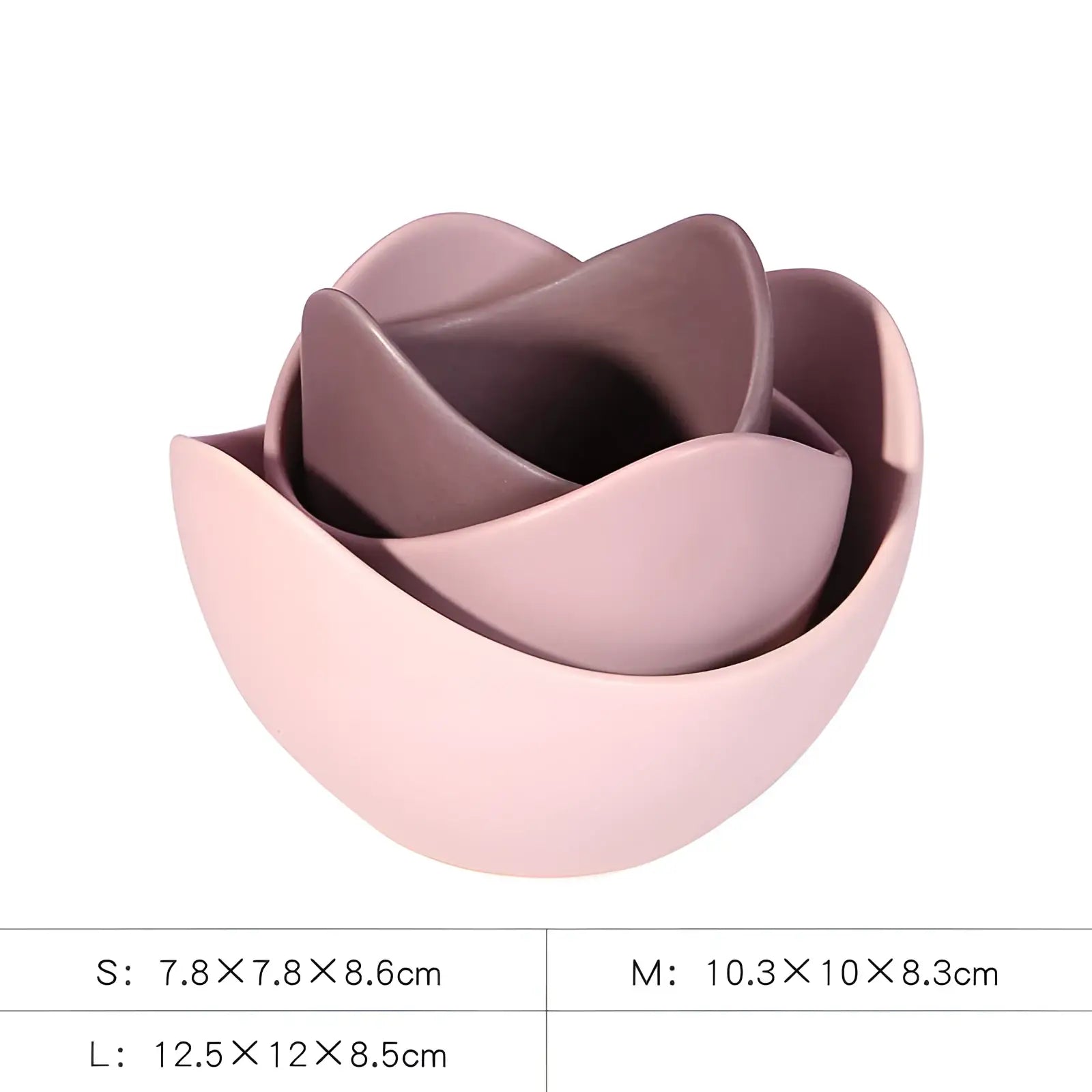 Set of three nested ceramic lotus bowls in pastel pink and mauve tones with glossy rose-shaped design