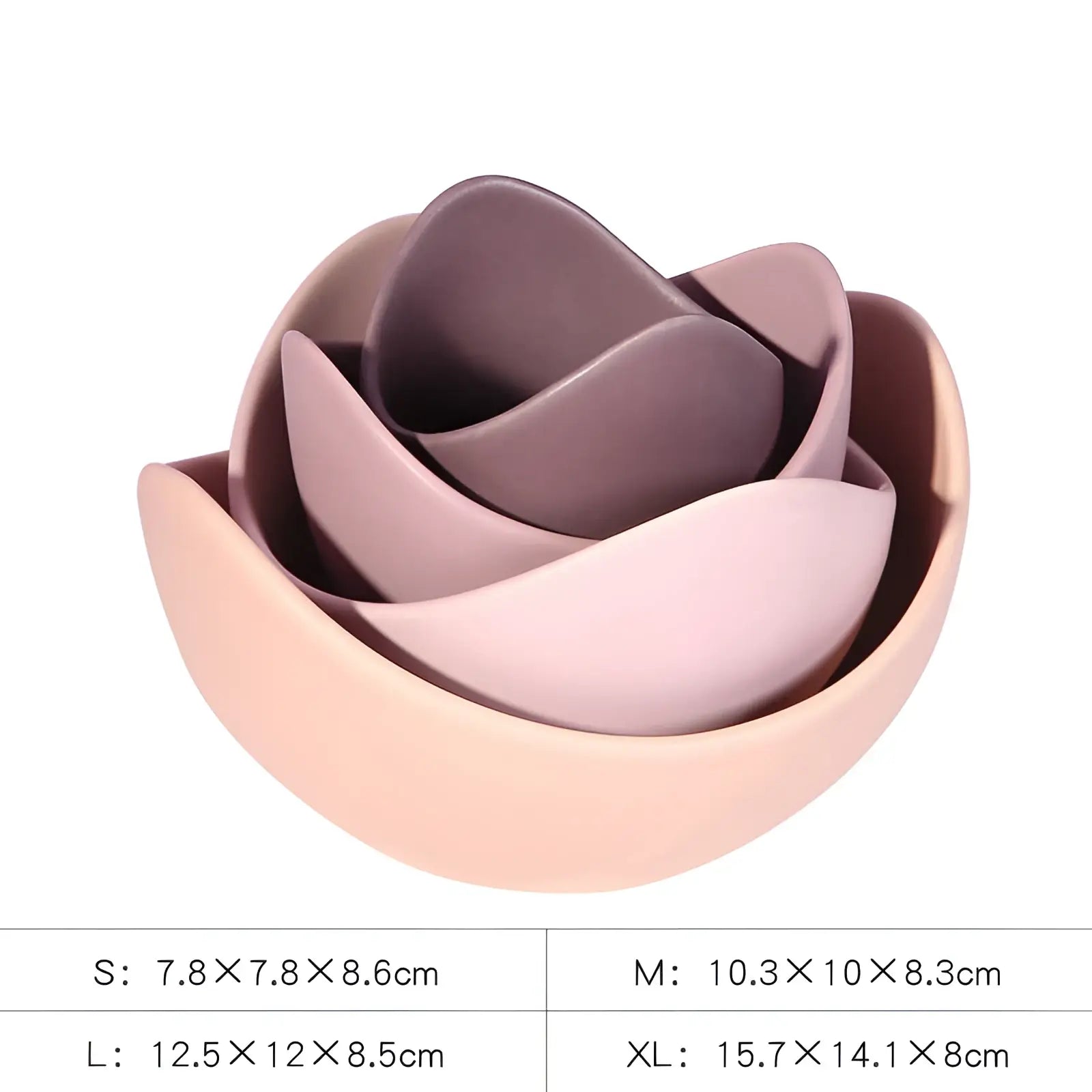 Set of four pastel pink and mauve ceramic lotus nesting bowls with smooth rounded petal like shapes