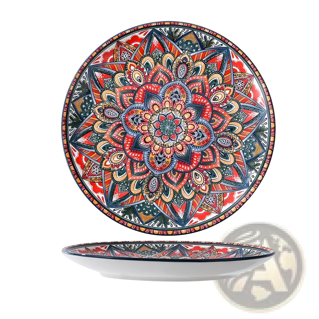 Vibrant red blue and gold hand painted ceramic mandala serving bowl with decorative border 400ml capacity