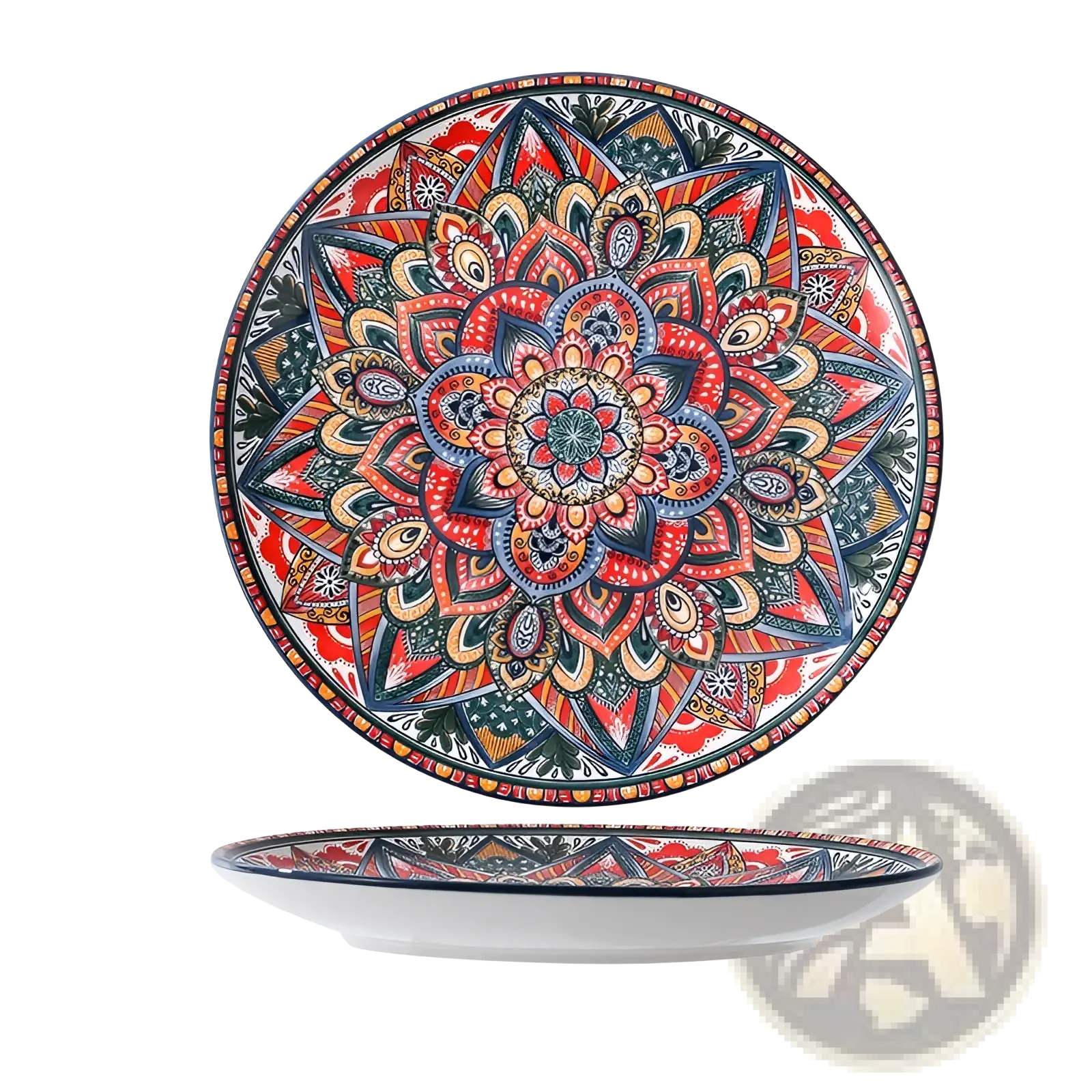Vibrant red blue and gold hand painted ceramic mandala serving bowl with decorative border 400ml capacity