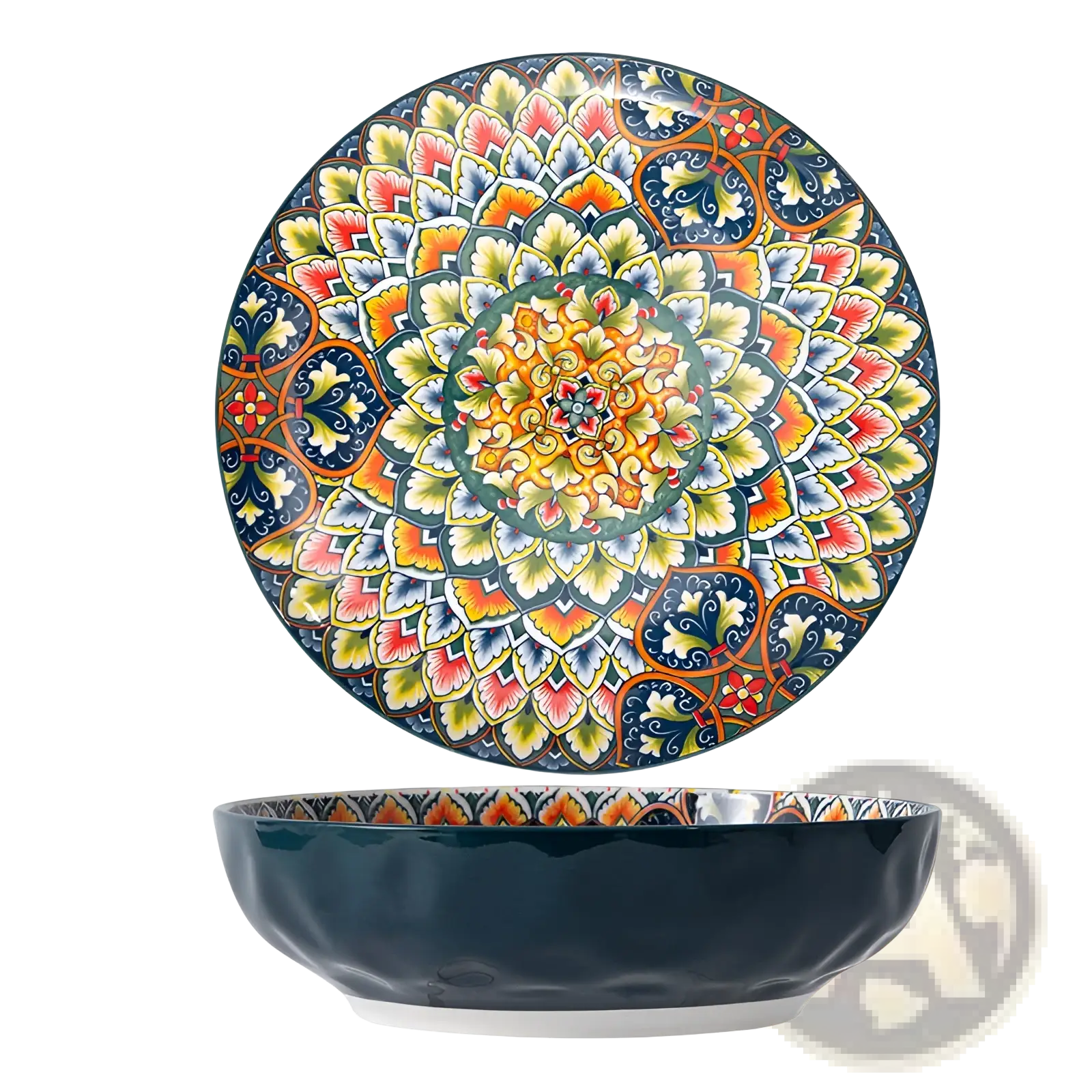 A vibrant hand-painted ceramic mandala serving bowl with a deep navy exterior and multicolored floral interior design 400ml