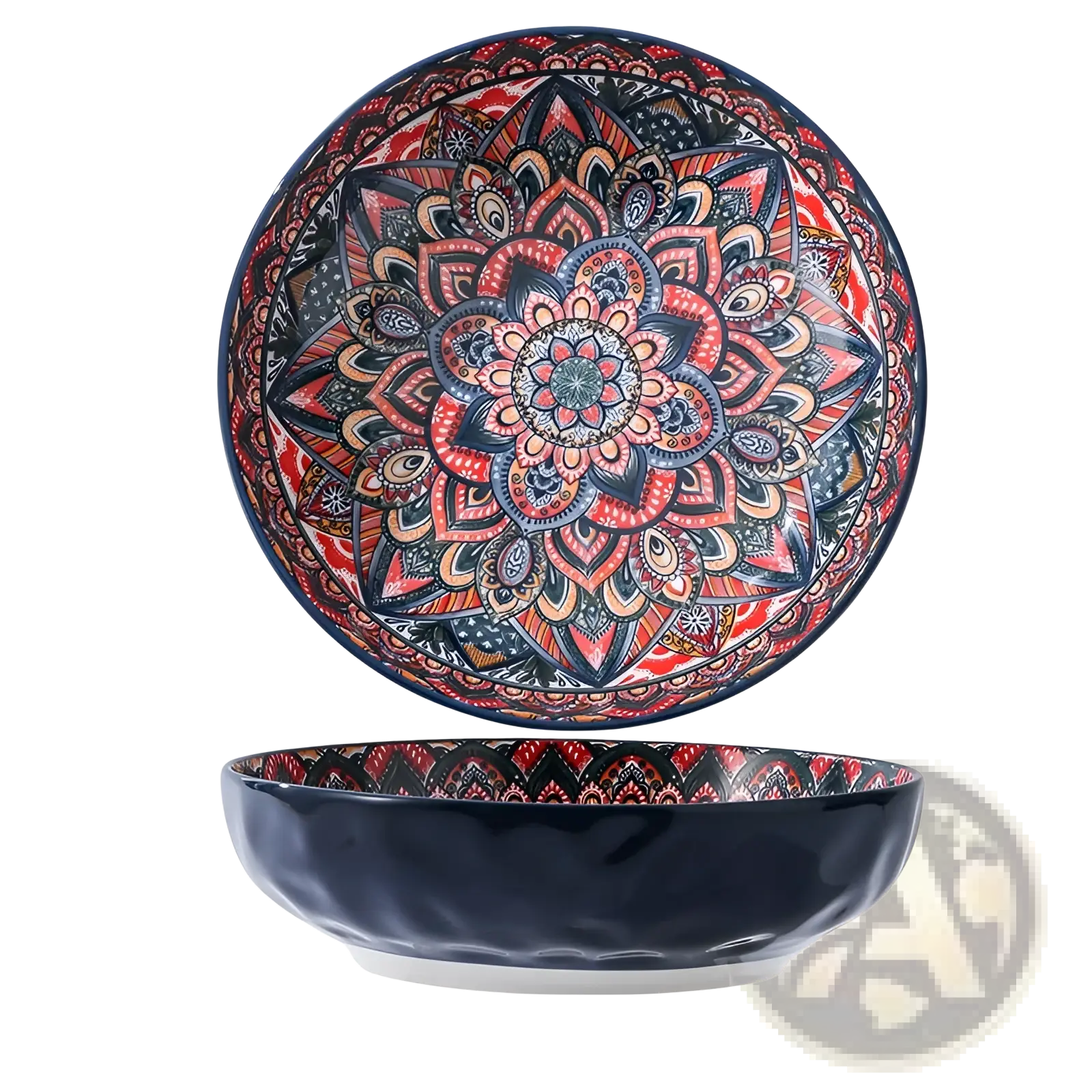 A vibrant hand-painted ceramic mandala serving bowl in reds oranges and blues with dark navy exterior 400ml capacity