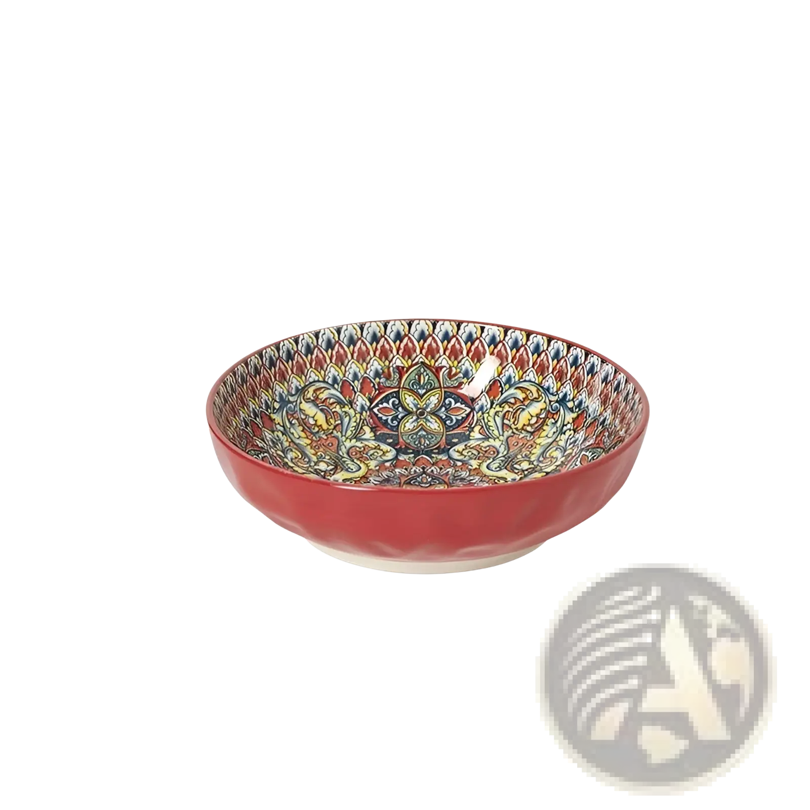 A vibrant red ceramic mandala serving bowl with intricate colorful floral and geometric patterns hand painted 400ml