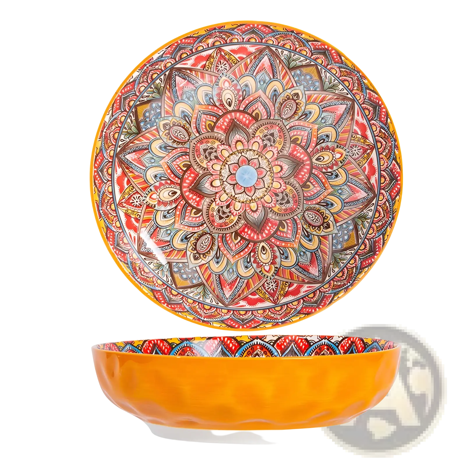 Vibrant orange ceramic mandala serving bowl hand painted with intricate multicolored design and textured exterior 400ml