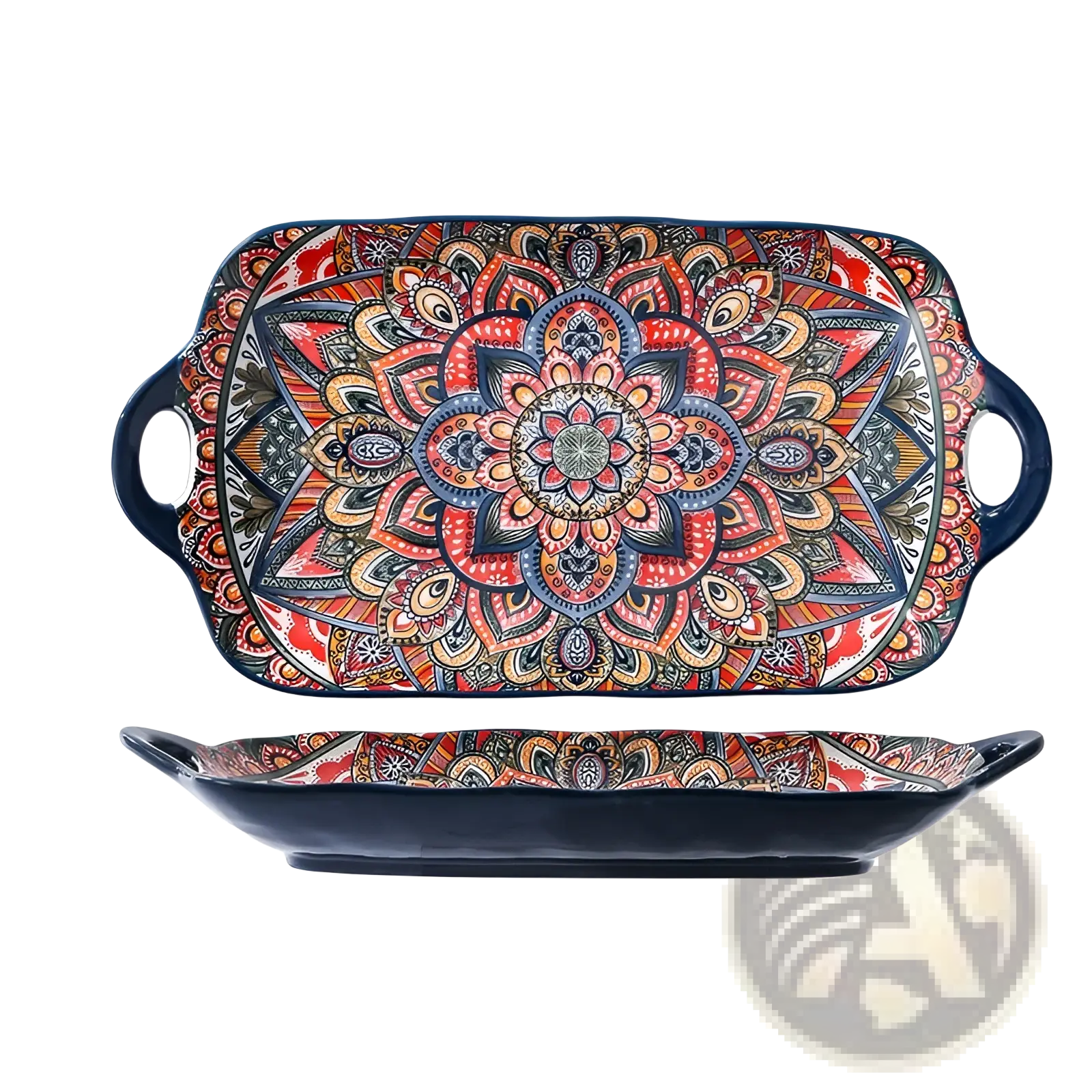 Ceramic mandala serving bowl 400ml rectangular hand painted tray with vibrant red orange blue gold patterns on navy base