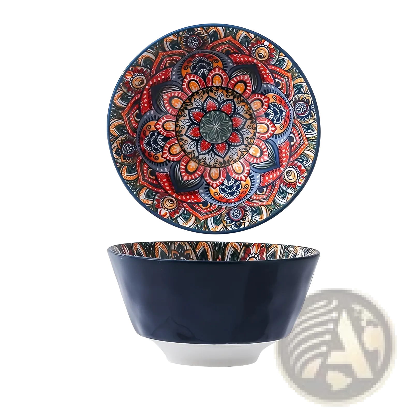 A vibrant hand-painted ceramic mandala serving bowl with navy exterior and intricate multicolor interior design 400ml