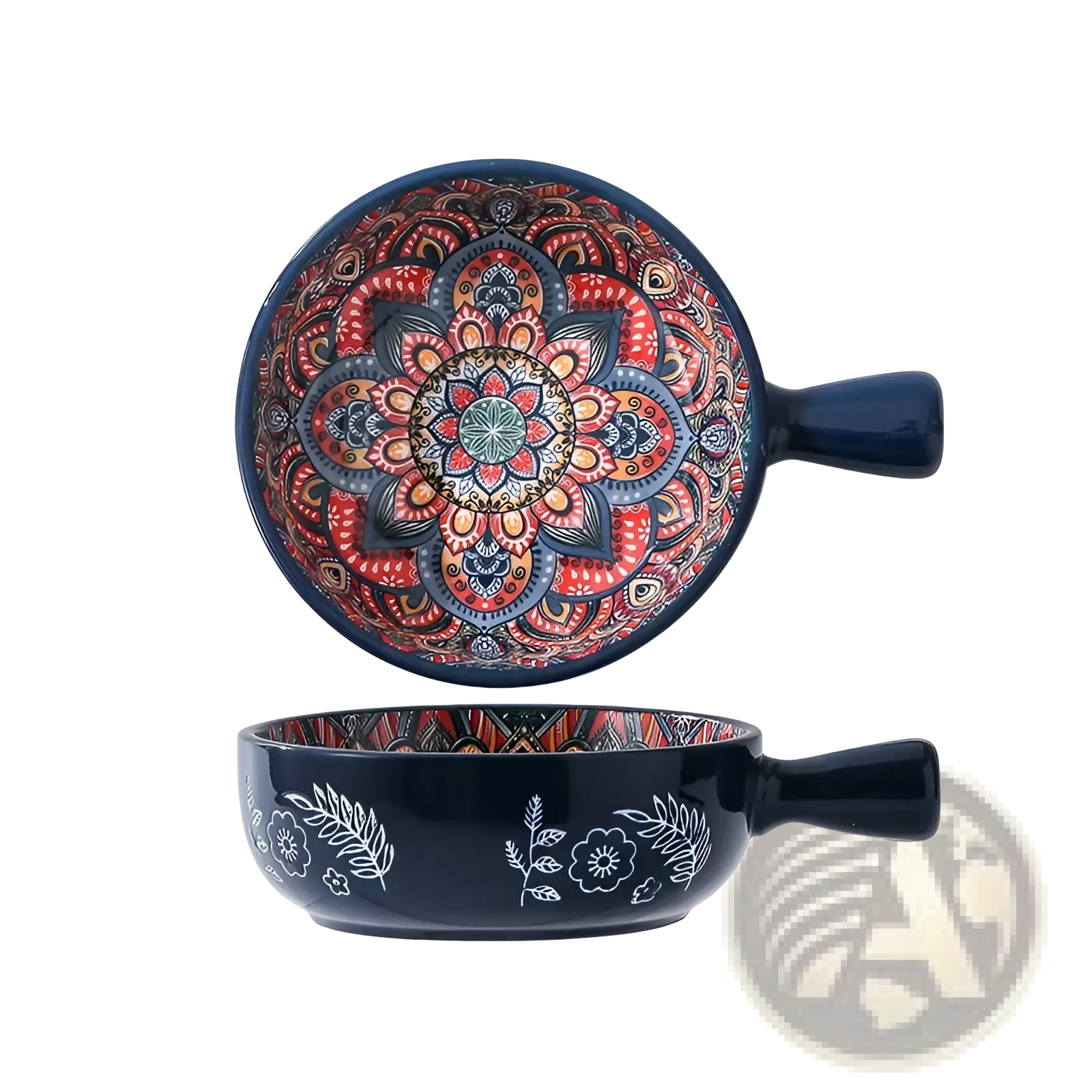Navy blue ceramic mandala serving bowl 400ml hand painted with red gold mandala and white floral motifs