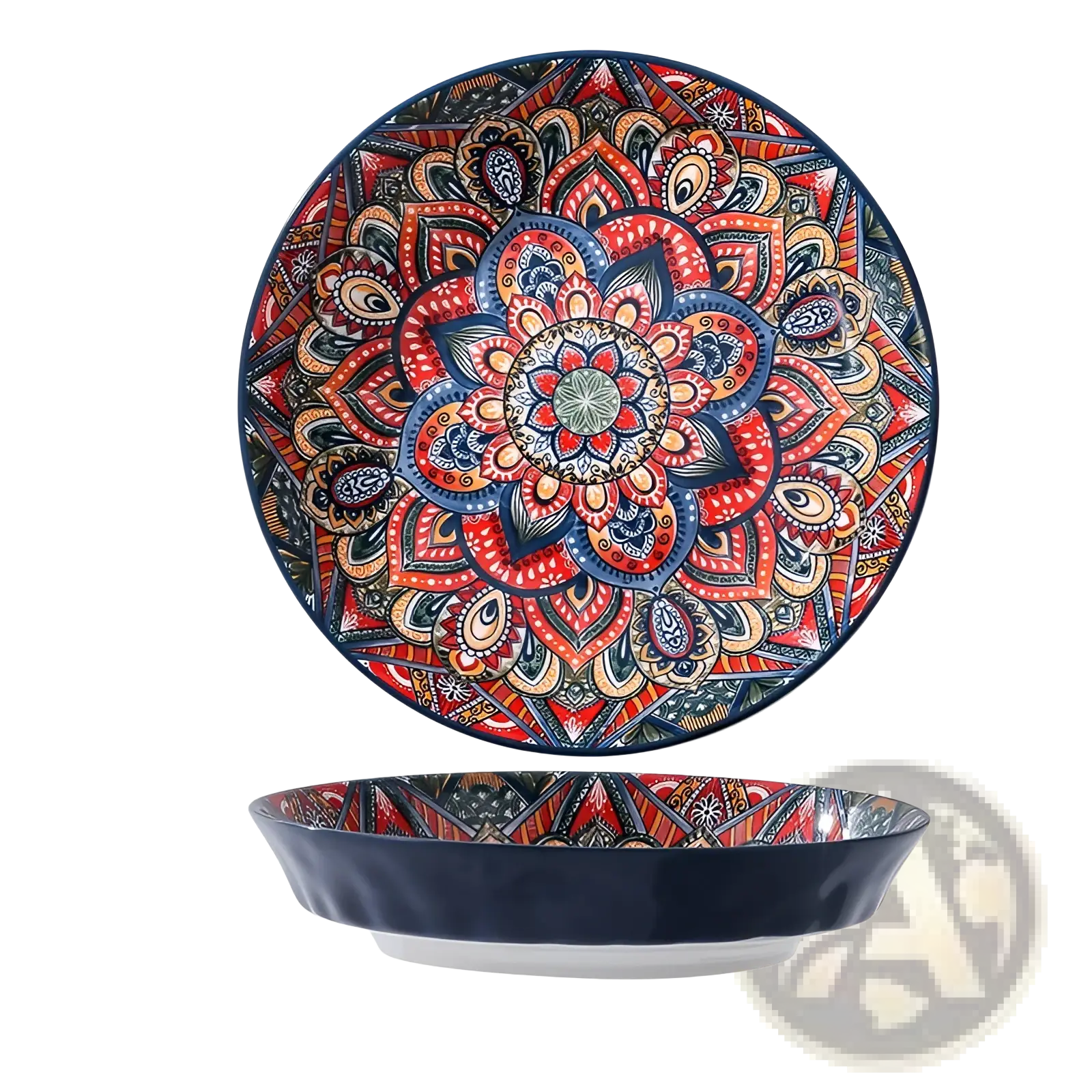 Ceramic mandala serving bowl hand painted with vibrant red blue and gold patterns and a dark navy rim 400ml capacity