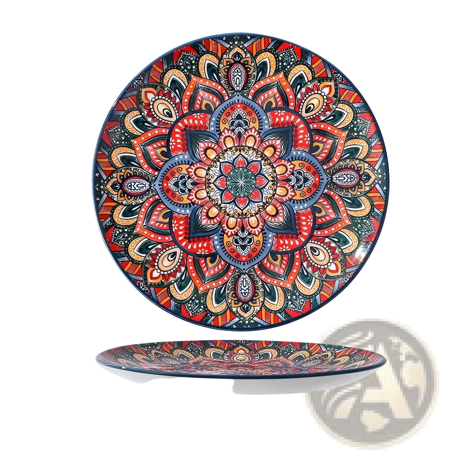 Vibrant red orange and blue hand painted ceramic mandala serving bowl with glossy finish 400ml capacity
