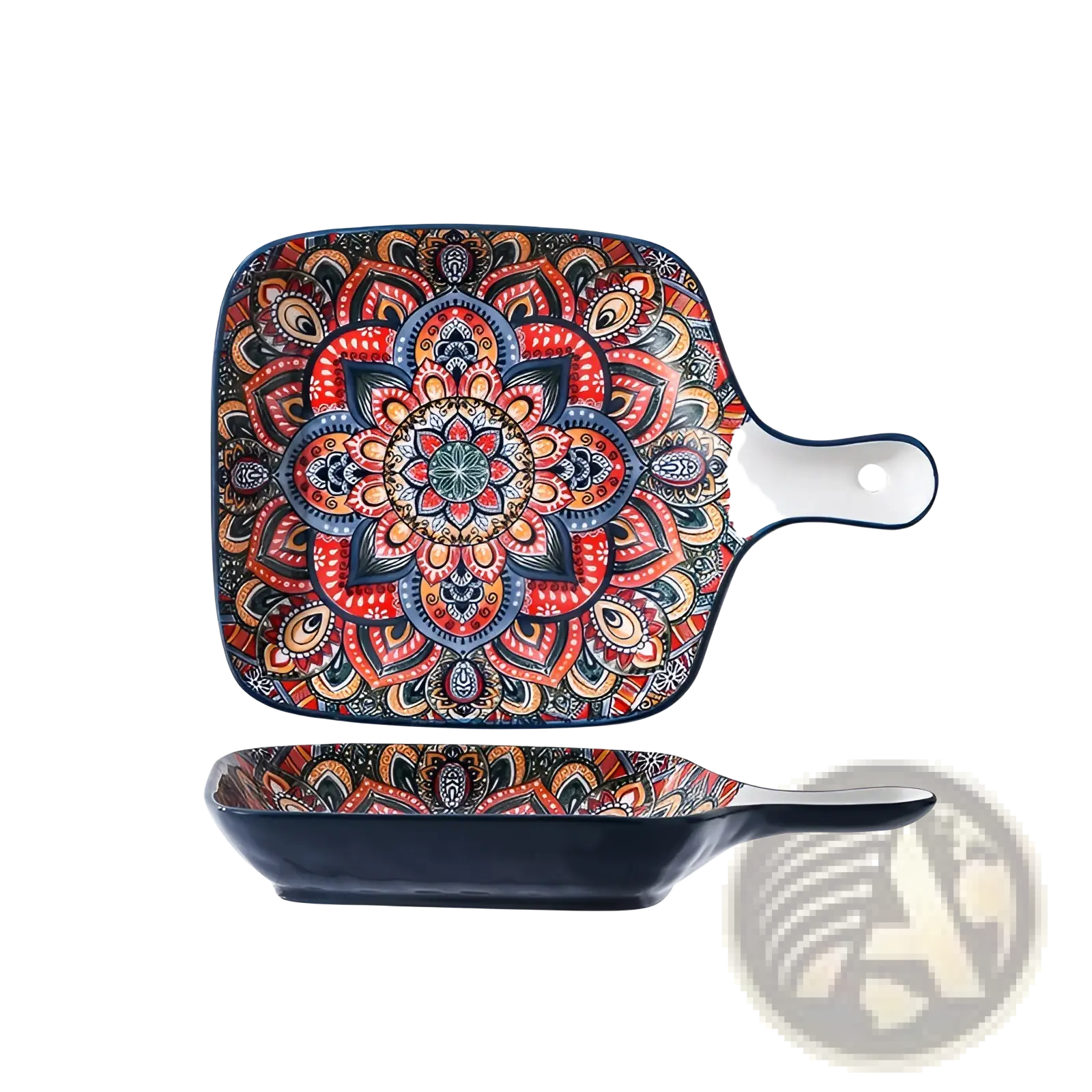 A vibrant square ceramic mandala serving bowl with colorful hand-painted pattern and white handle 400ml capacity