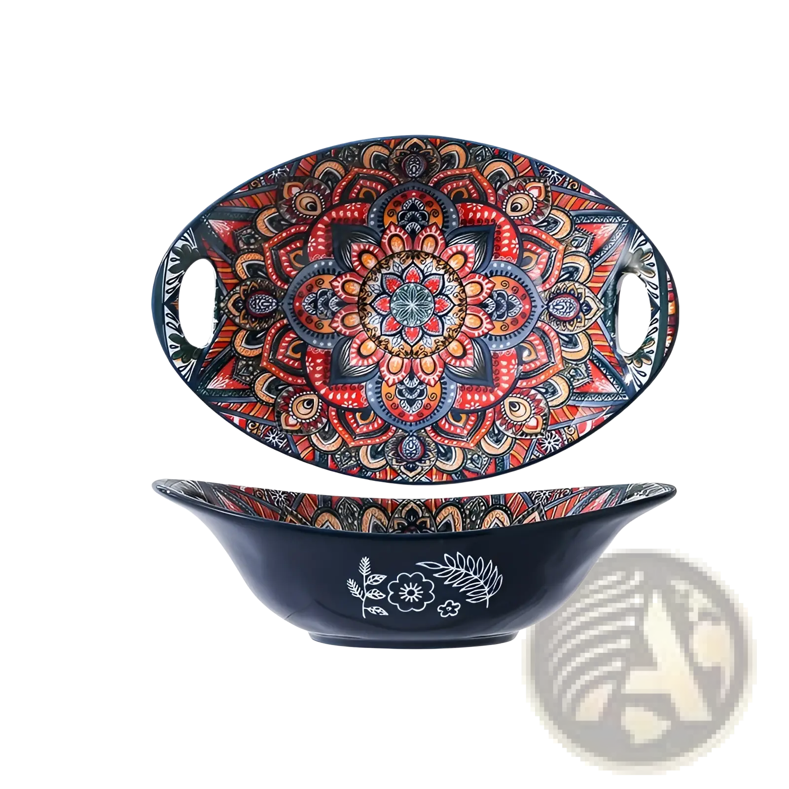 Ceramic mandala serving bowl hand painted with vibrant reds oranges and blues featuring white floral decals on navy rim
