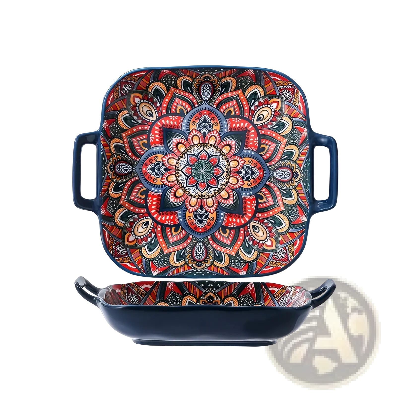 Square ceramic mandala serving bowl 400ml with vibrant red orange and blue design on glossy dark navy glaze